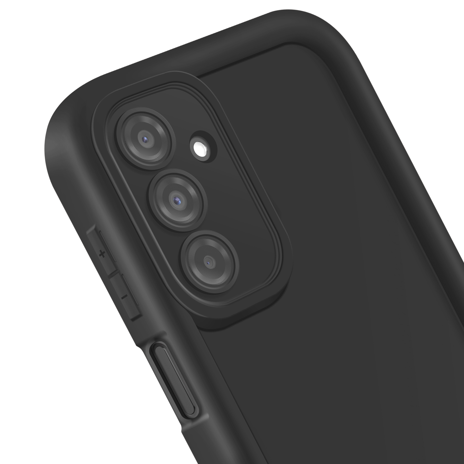 Primo piano di un rigonfiamento della fotocamera del telefono nero. Ha tre obiettivi e un bilanciere del volume.