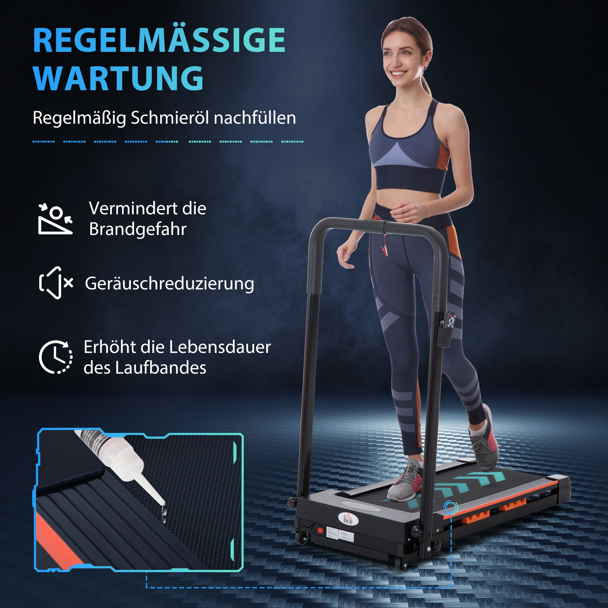 Frau läuft auf einem Laufband, mit Text über Wartung.