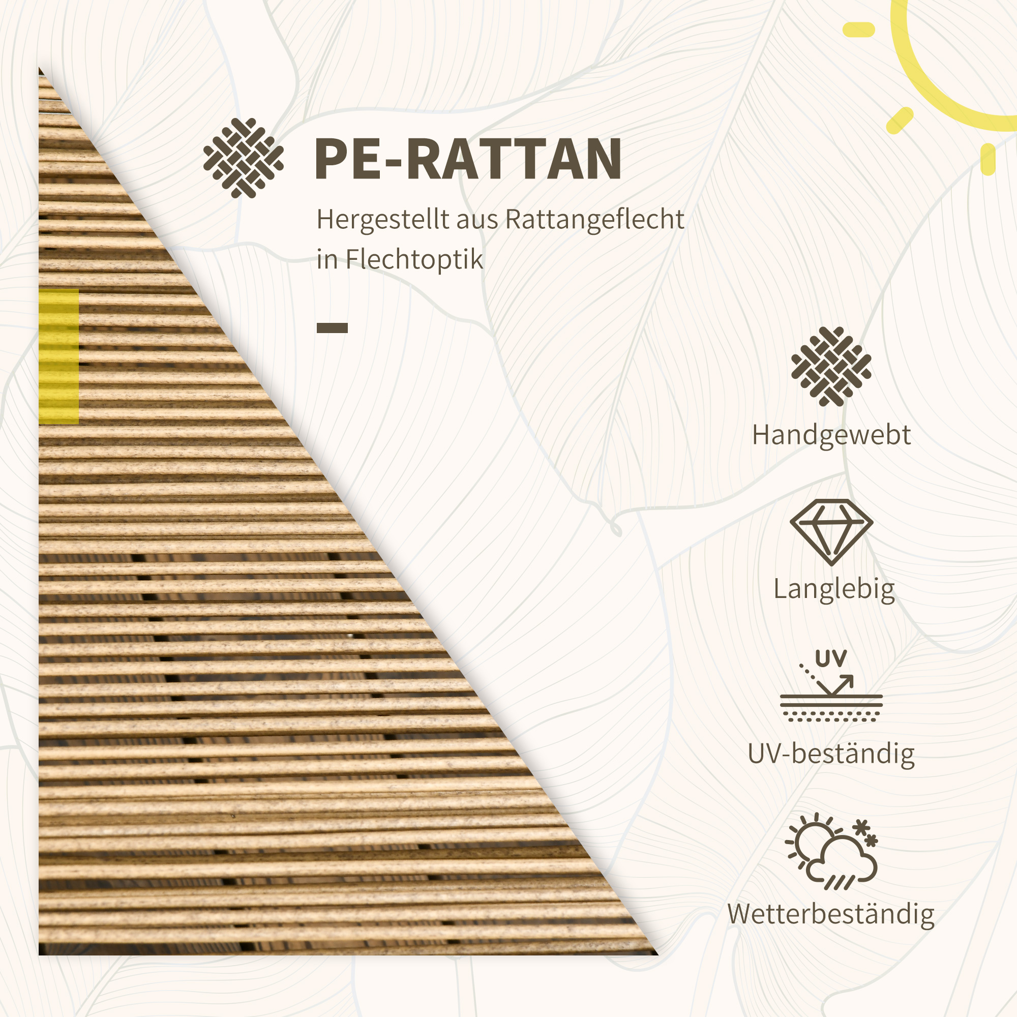 Nahaufnahme eines gewebten Rattanmaterials, mit Text über seine Eigenschaften und Vorteile.
