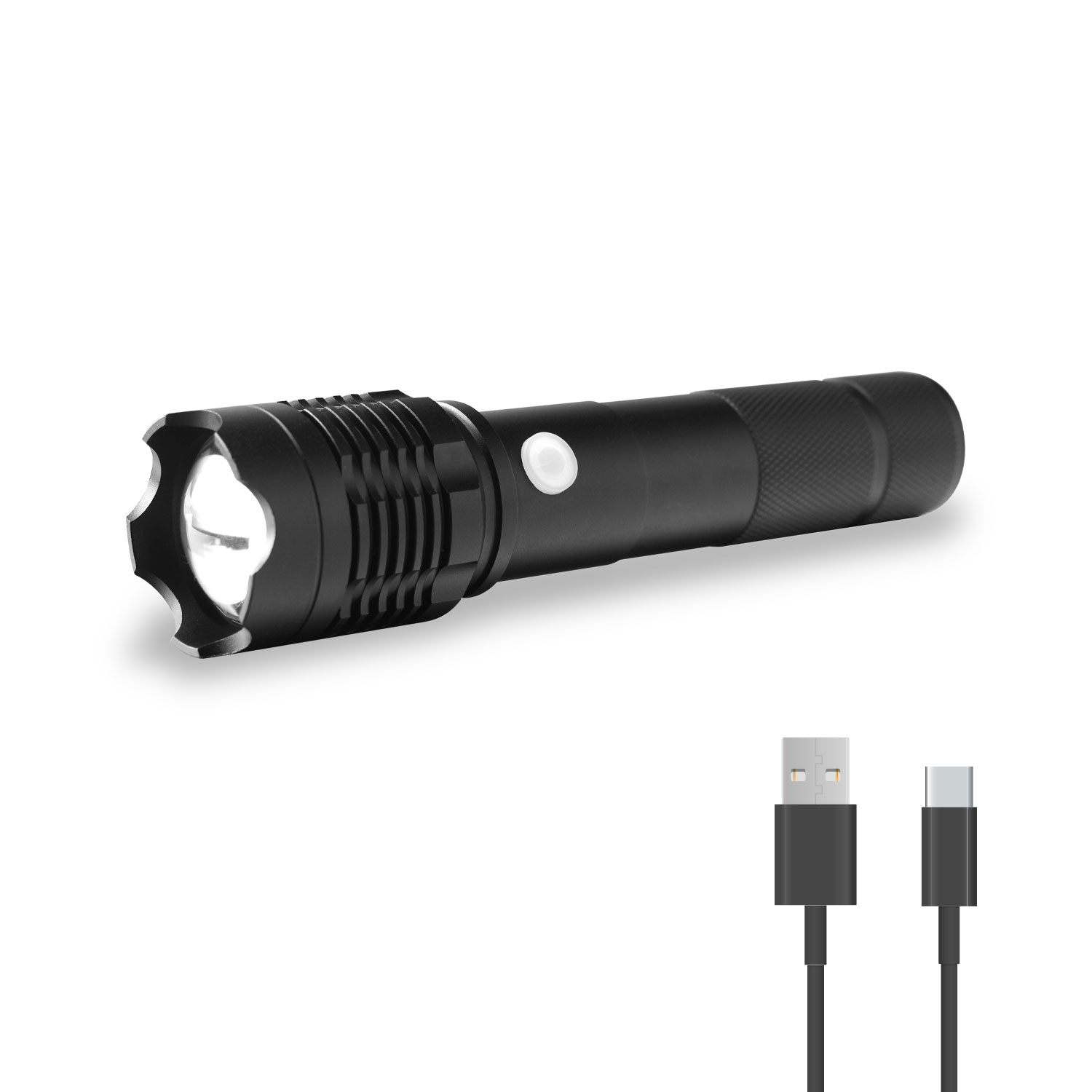 Zwarte zaklamp met een witte knop en een USB-oplaadkabel.