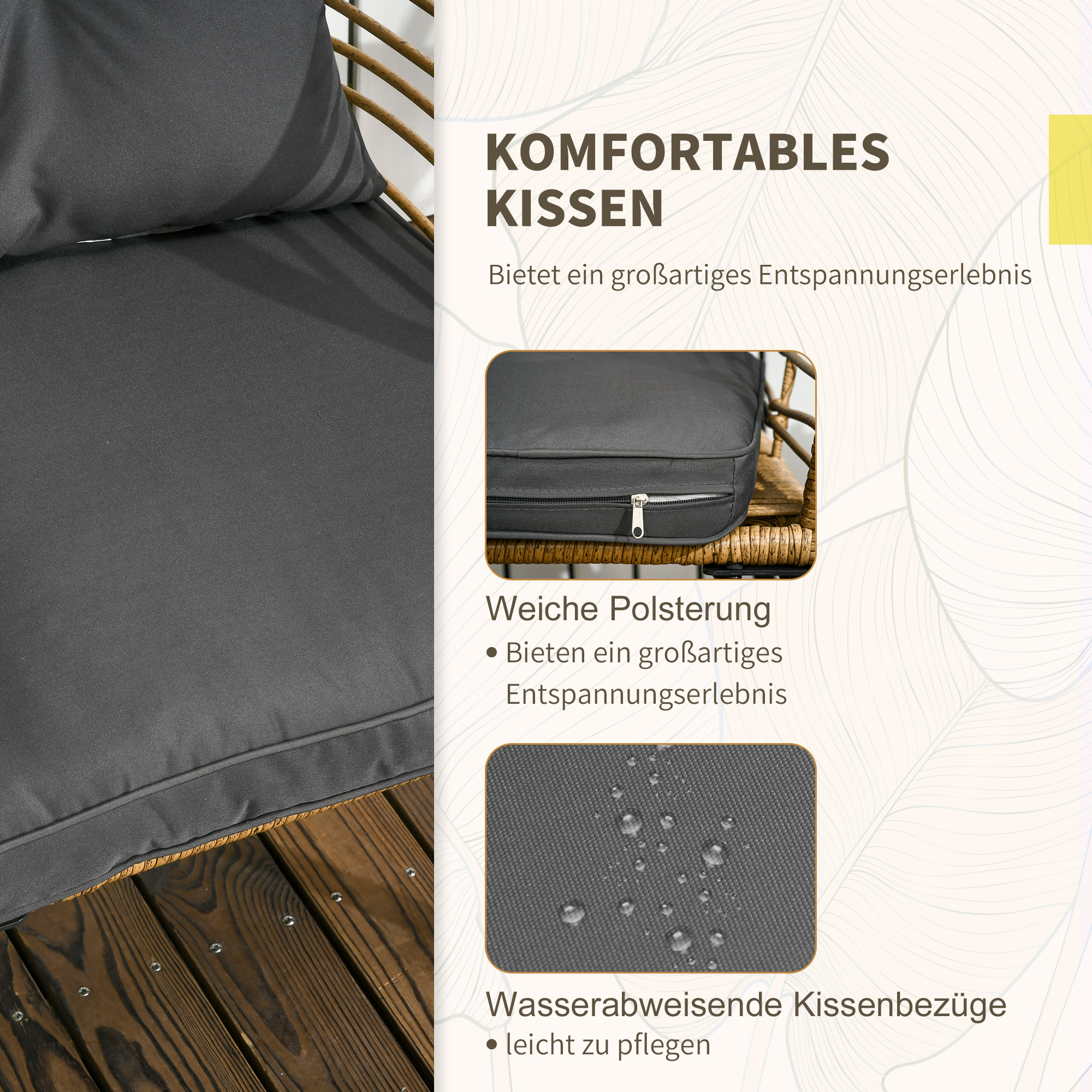 Dunkelgraues Kissen, mit Text 'Komfortables Kissen' und Nahaufnahme des Stoffes.