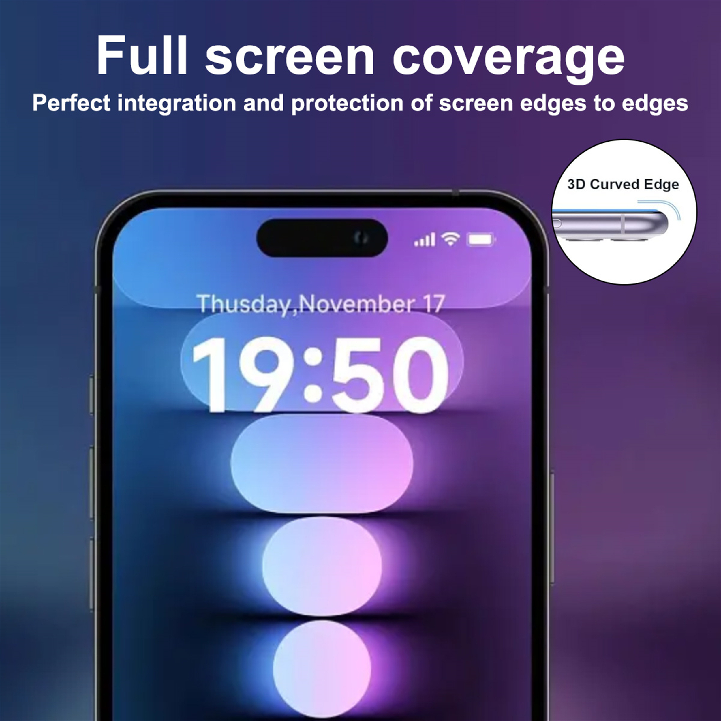 Ein Telefonbildschirm zeigt Uhrzeit und Datum mit einem Detail des gekrümmten Randes.