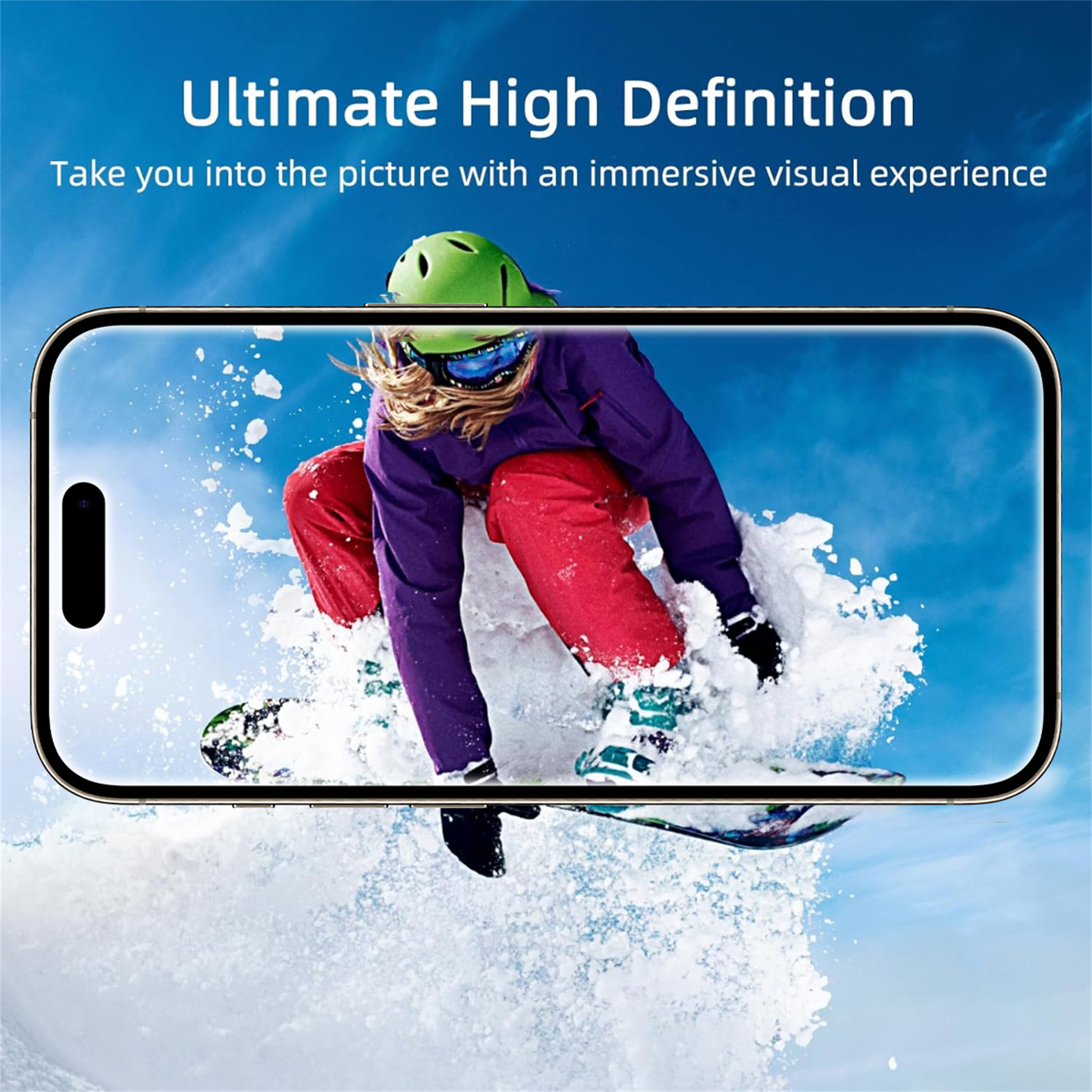 Eine Person auf einem Snowboard springt in die Luft, gerahmt von einem Telefonbildschirm.