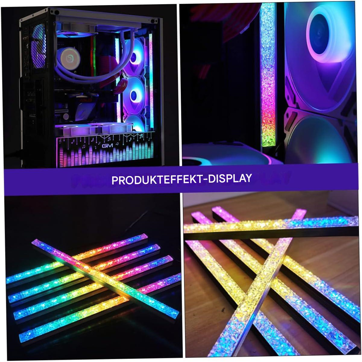 Mehrere Bilder mit PC-Komponenten mit RGB-Beleuchtungseffekten.