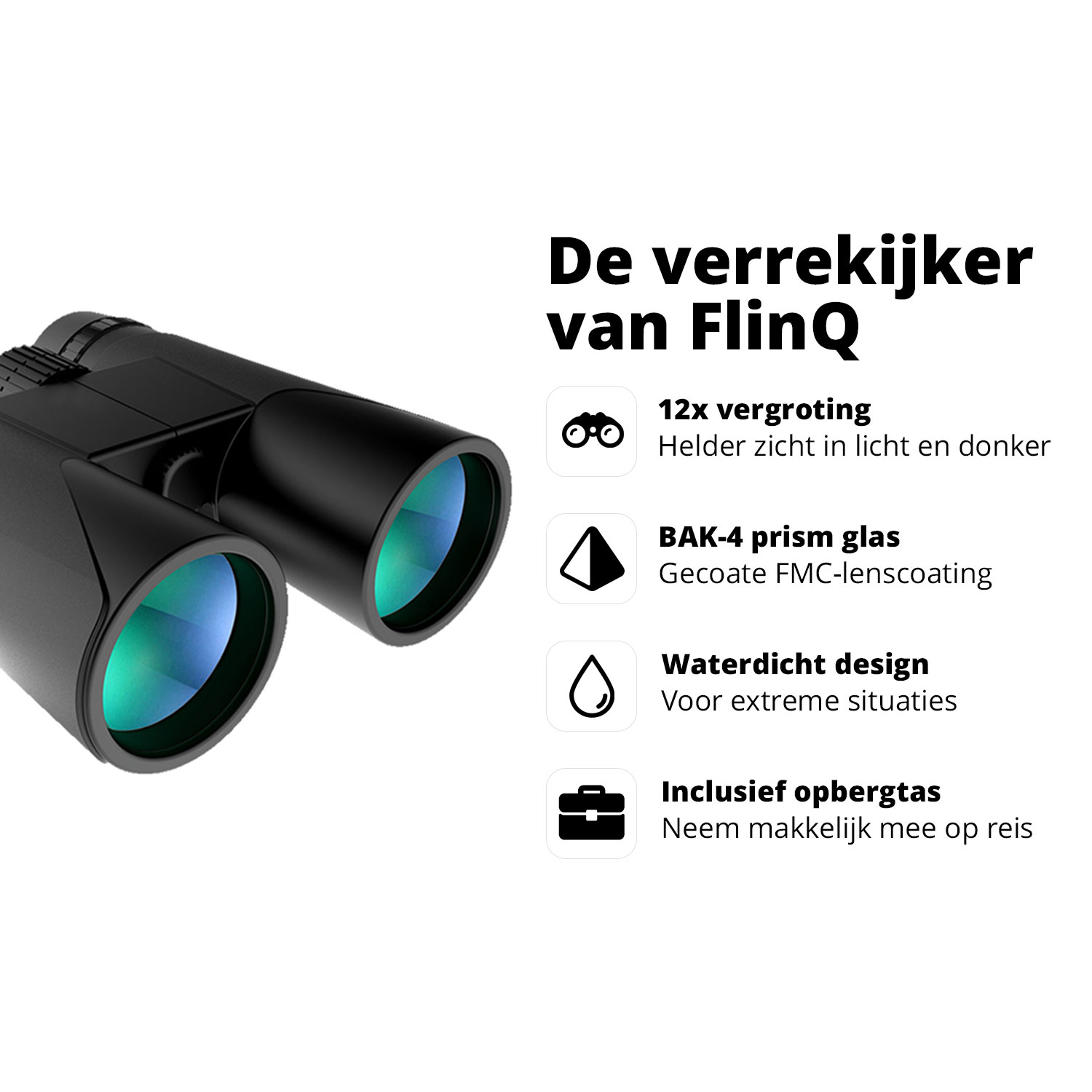 Black binoculars, text labels: 12x zoom, BAK-4 prism glass, waterproof design, bag included.