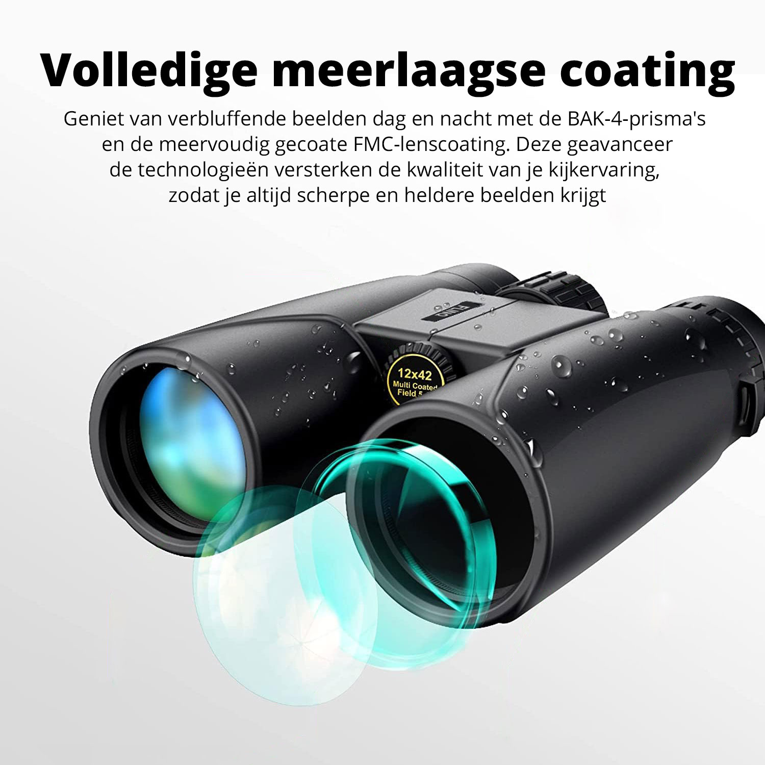 Black binoculars with visible lenses. The image shows the inside lenses.