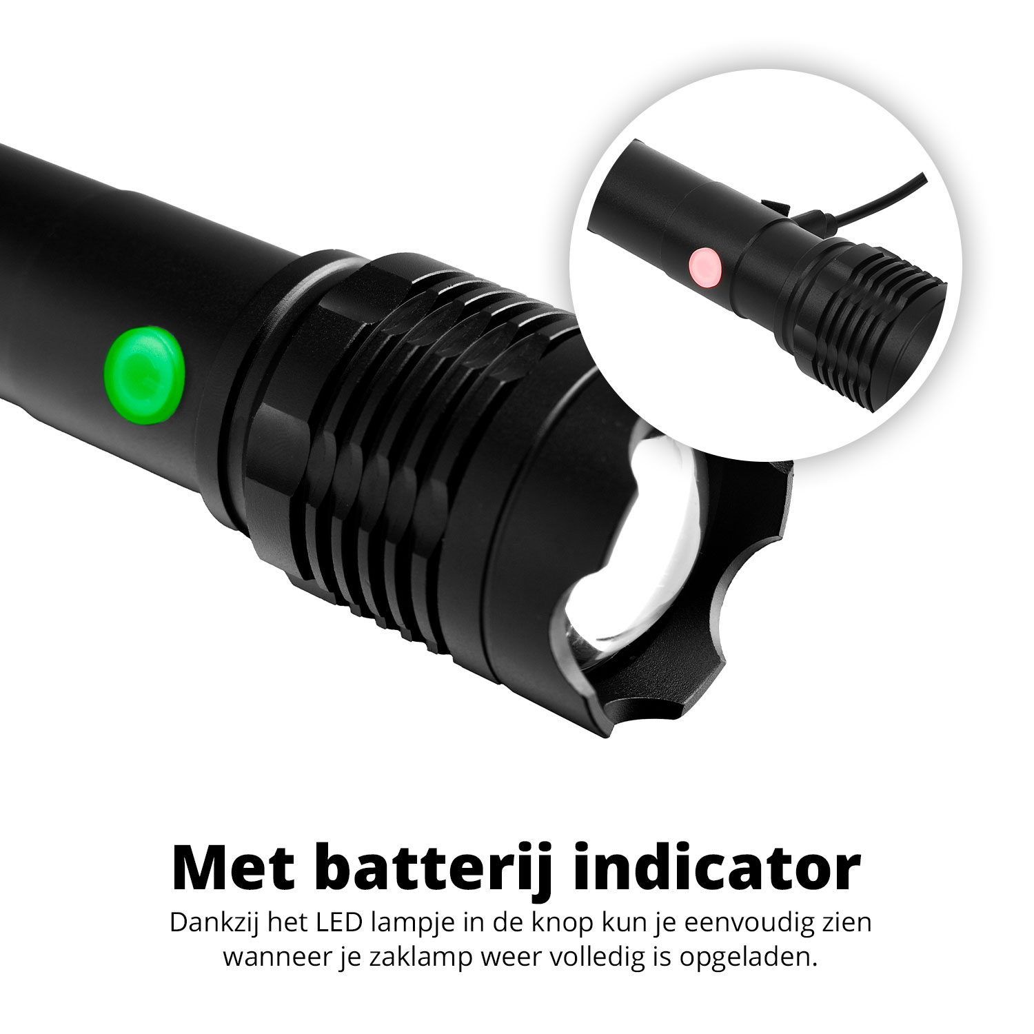 Close-up van een zwarte zaklamp met een groene aan/uit-knop en een rood indicatielampje.