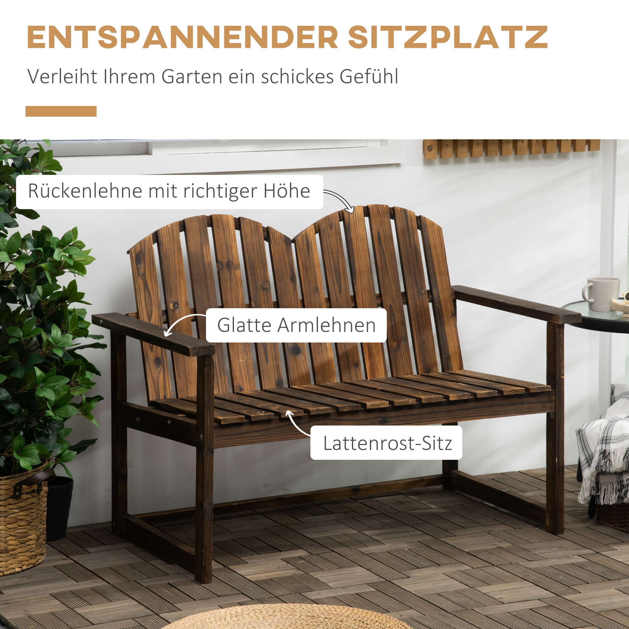 Gartenbank aus Holz mit beschriftetem Design, einschließlich Rückenlehne, Armlehnen und Sitz.