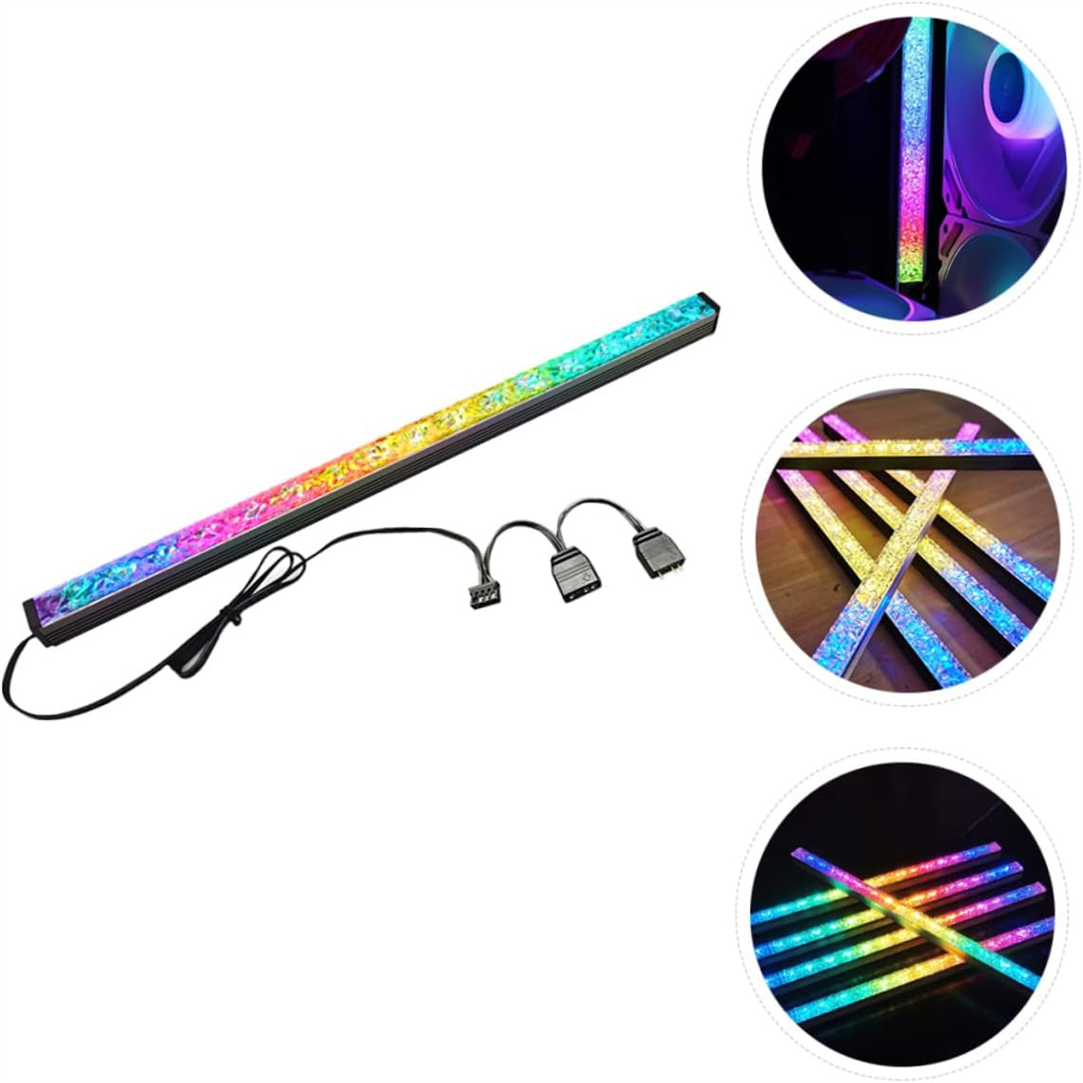 RGB-LED-Lichtleiste mit Anschlüssen und Beispielen für die Verwendung.