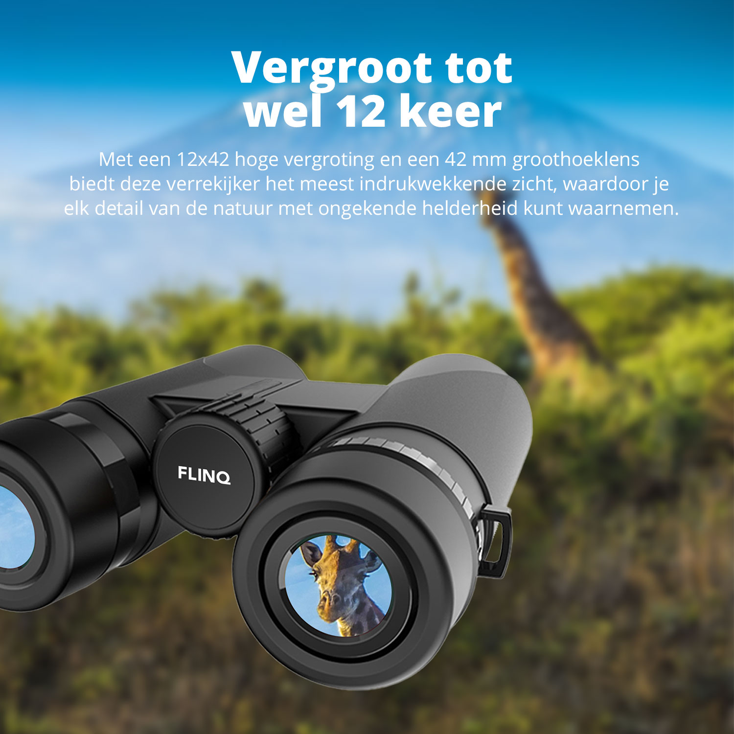 Black binoculars with a giraffe image in view, with a blue sky and green trees as the background.