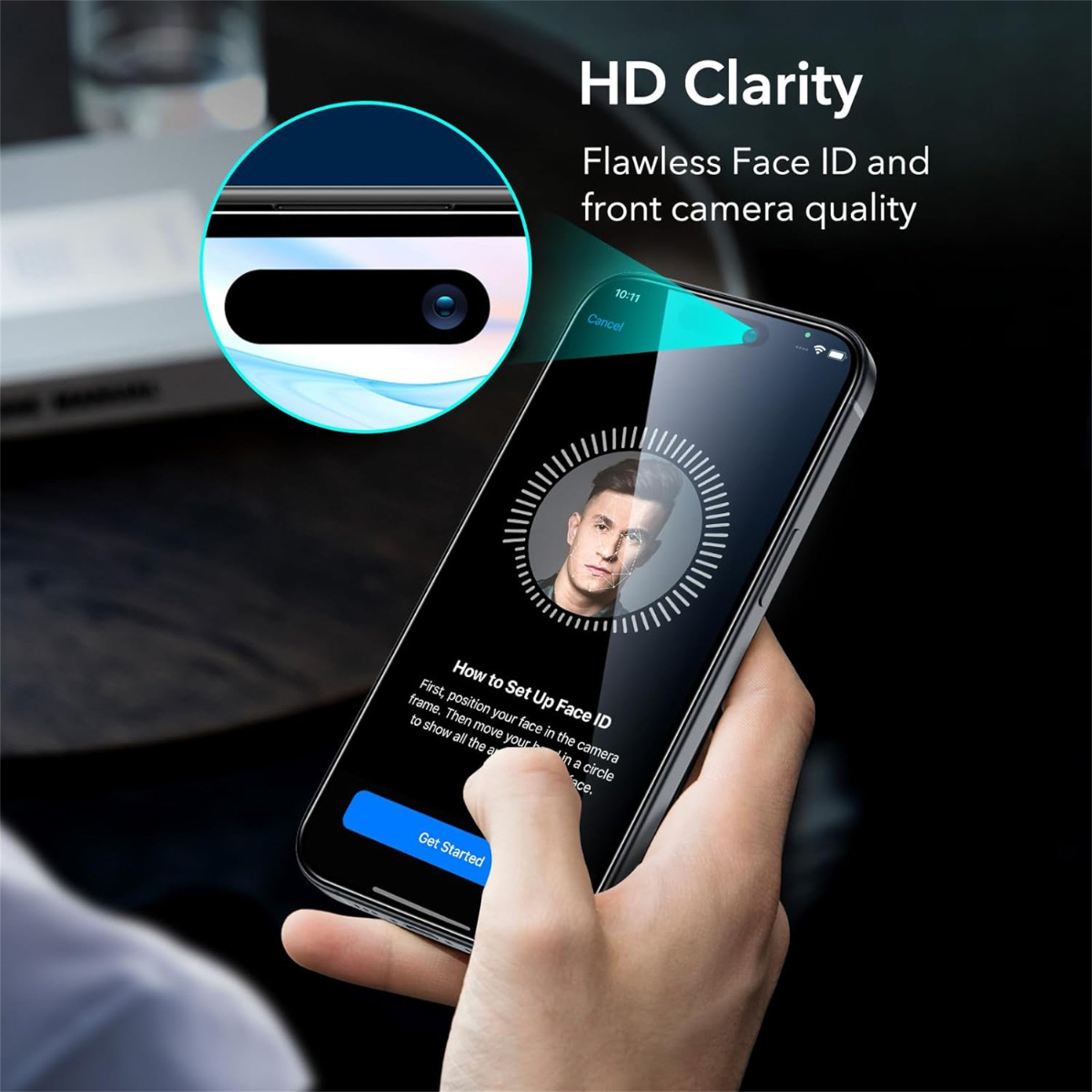 Ein Telefon zeigt die Face-ID-Einrichtung. Ein Kreis mit einem Gesicht in der Mitte.