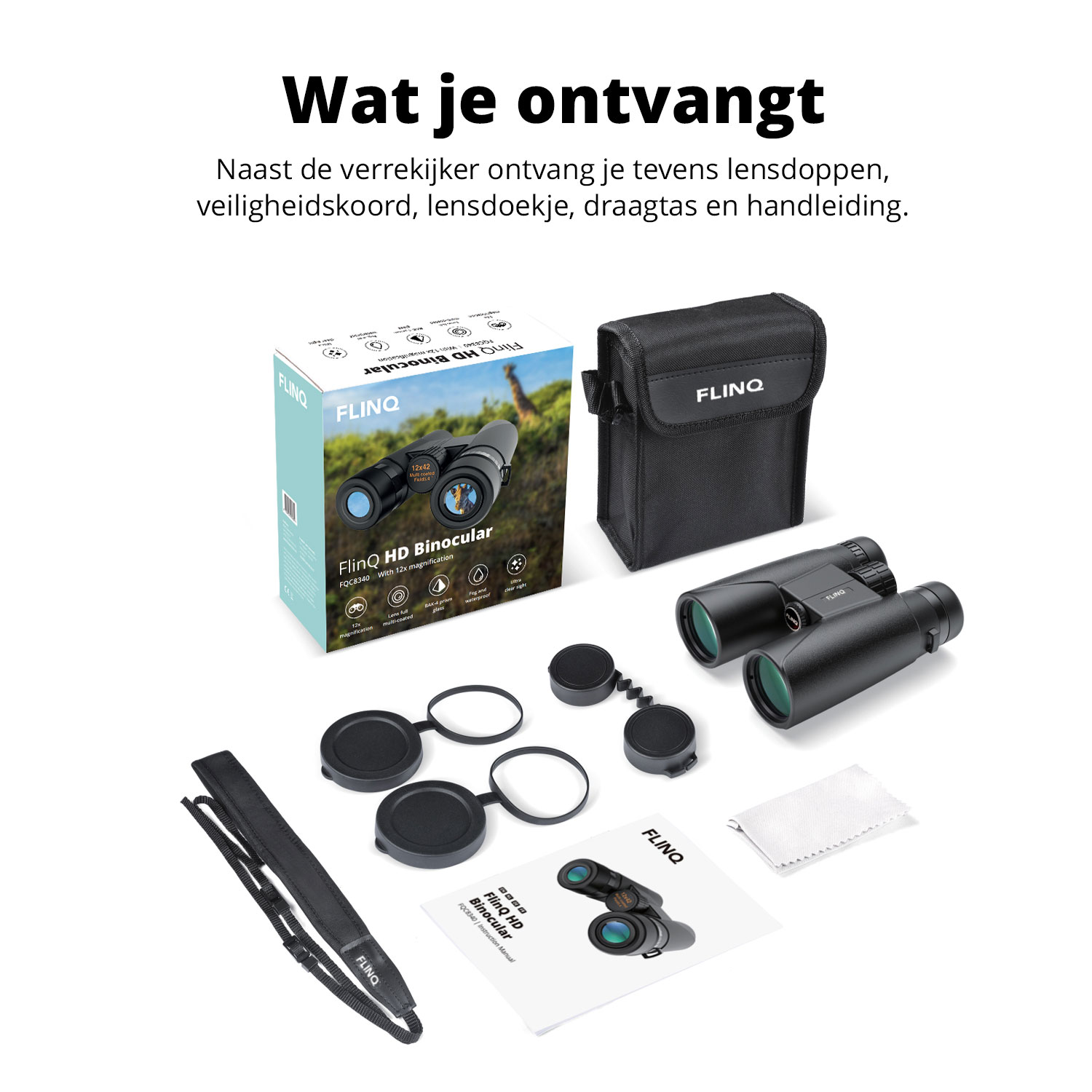 Binoculars in a box, with accessories. Black binoculars, caps, strap, and a cleaning cloth.
