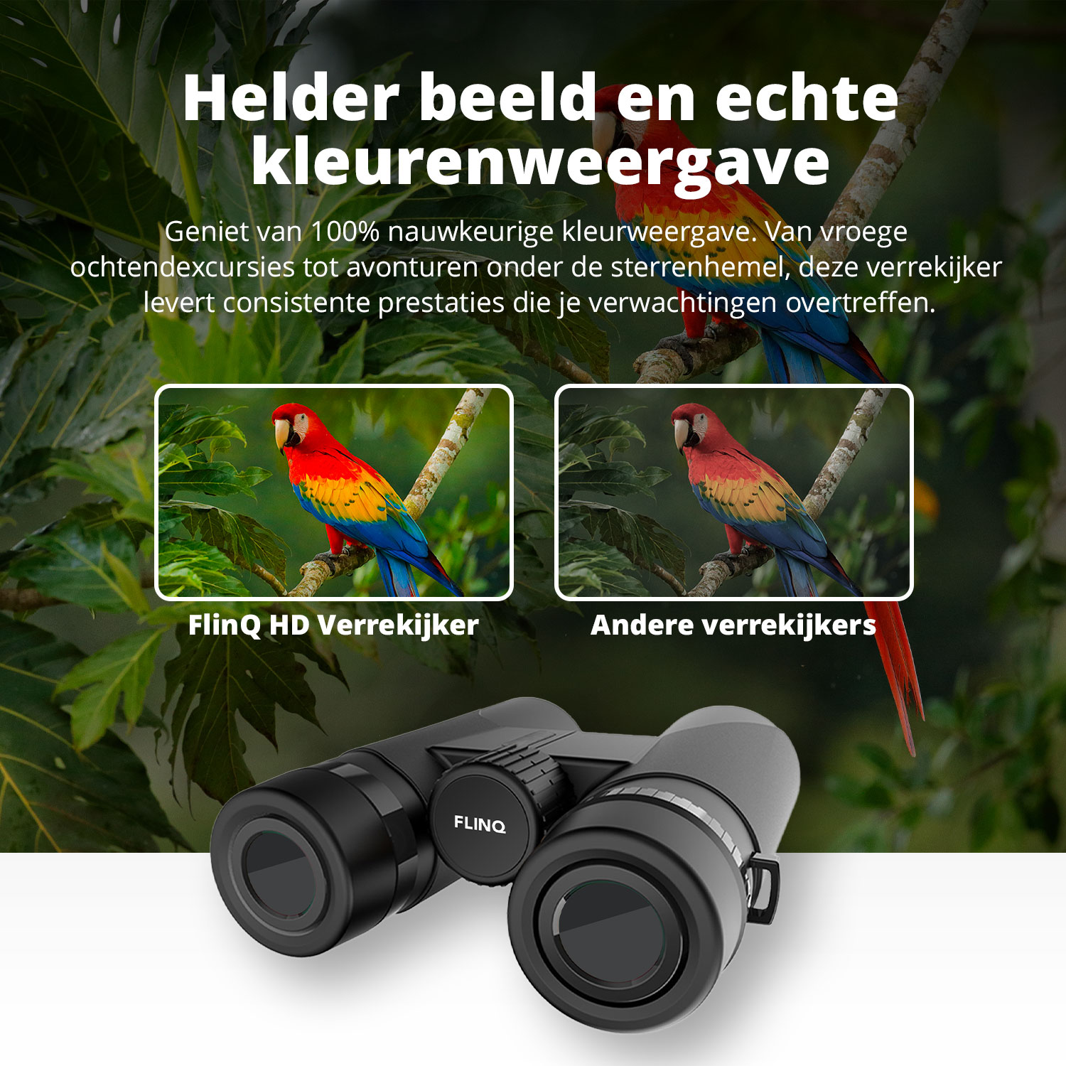 Binoculars with text comparing the image clarity of different viewing devices.