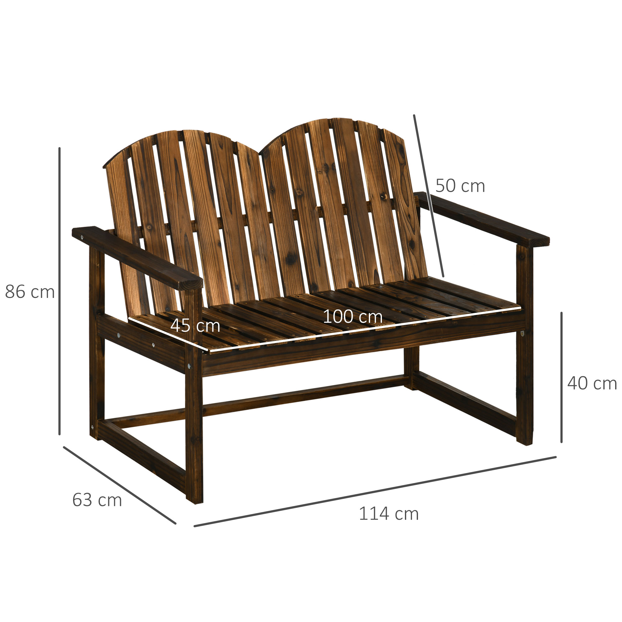 Gartenbank aus Holz mit Maßen: 114cm Länge, 86cm Höhe und 63cm Tiefe.