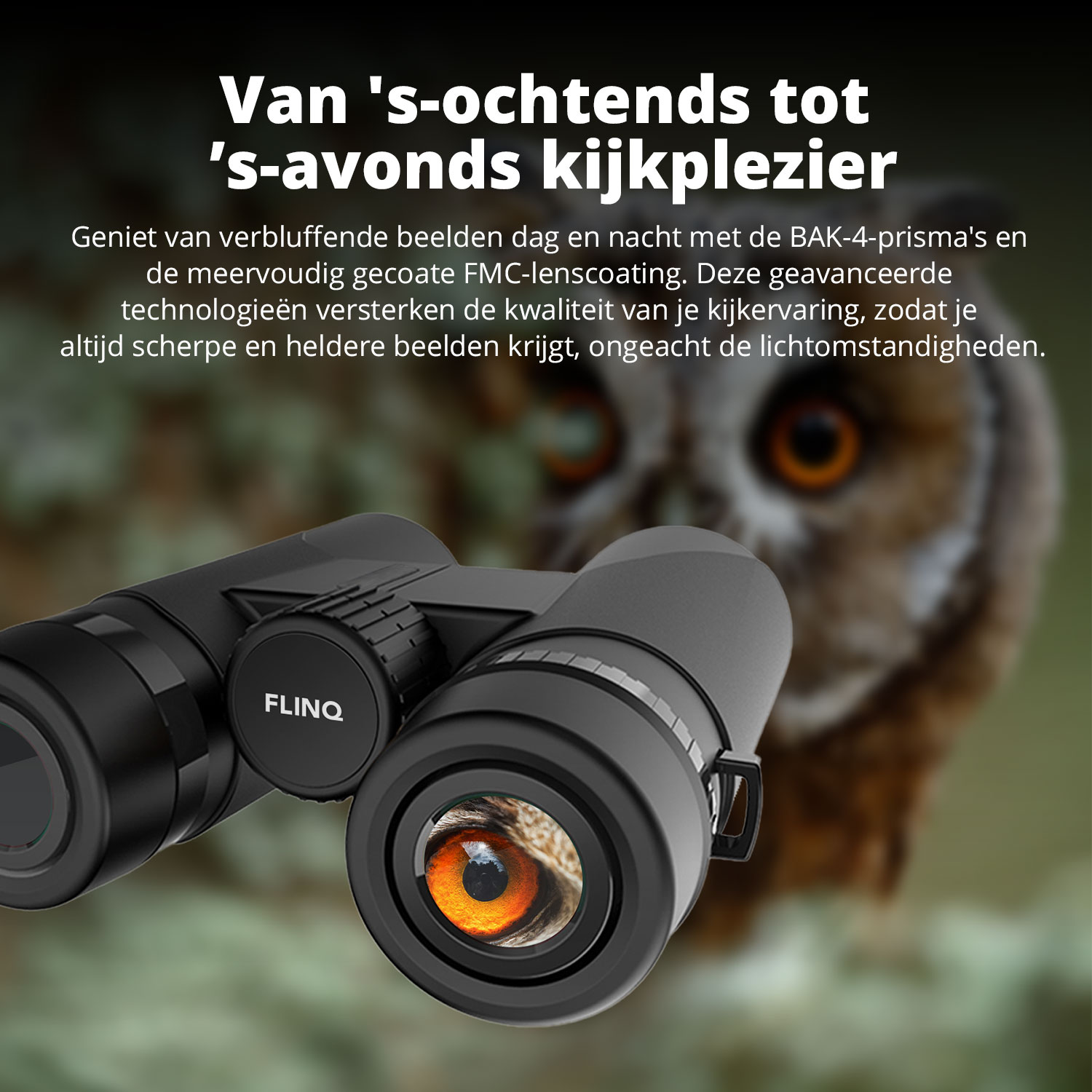 Binoculars with an owl eye in the lens. The background is blurred with green and brown tones.