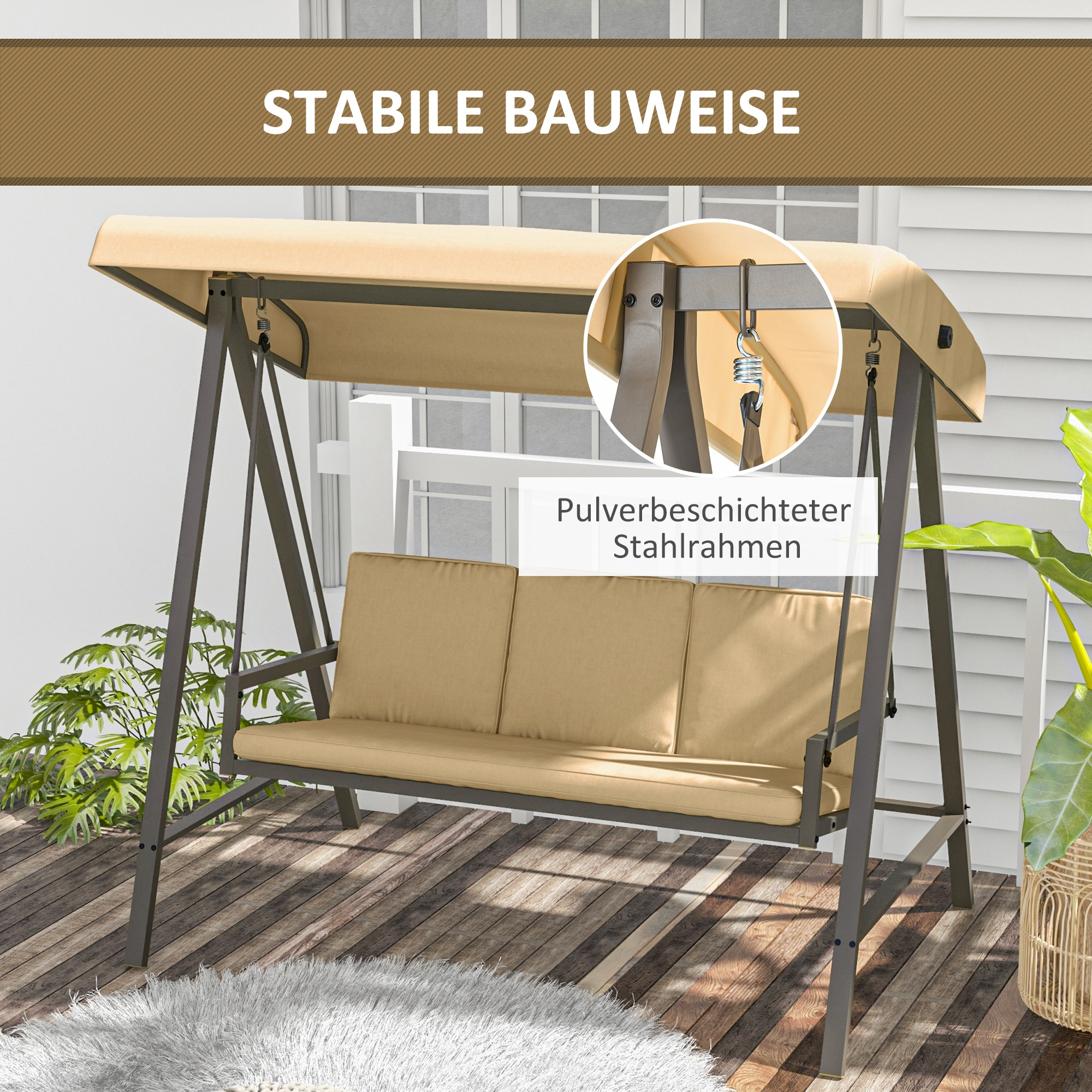Beiges Schaukelset im Garten. Details wie pulverbeschichteter Stahlrahmen und Teppich.