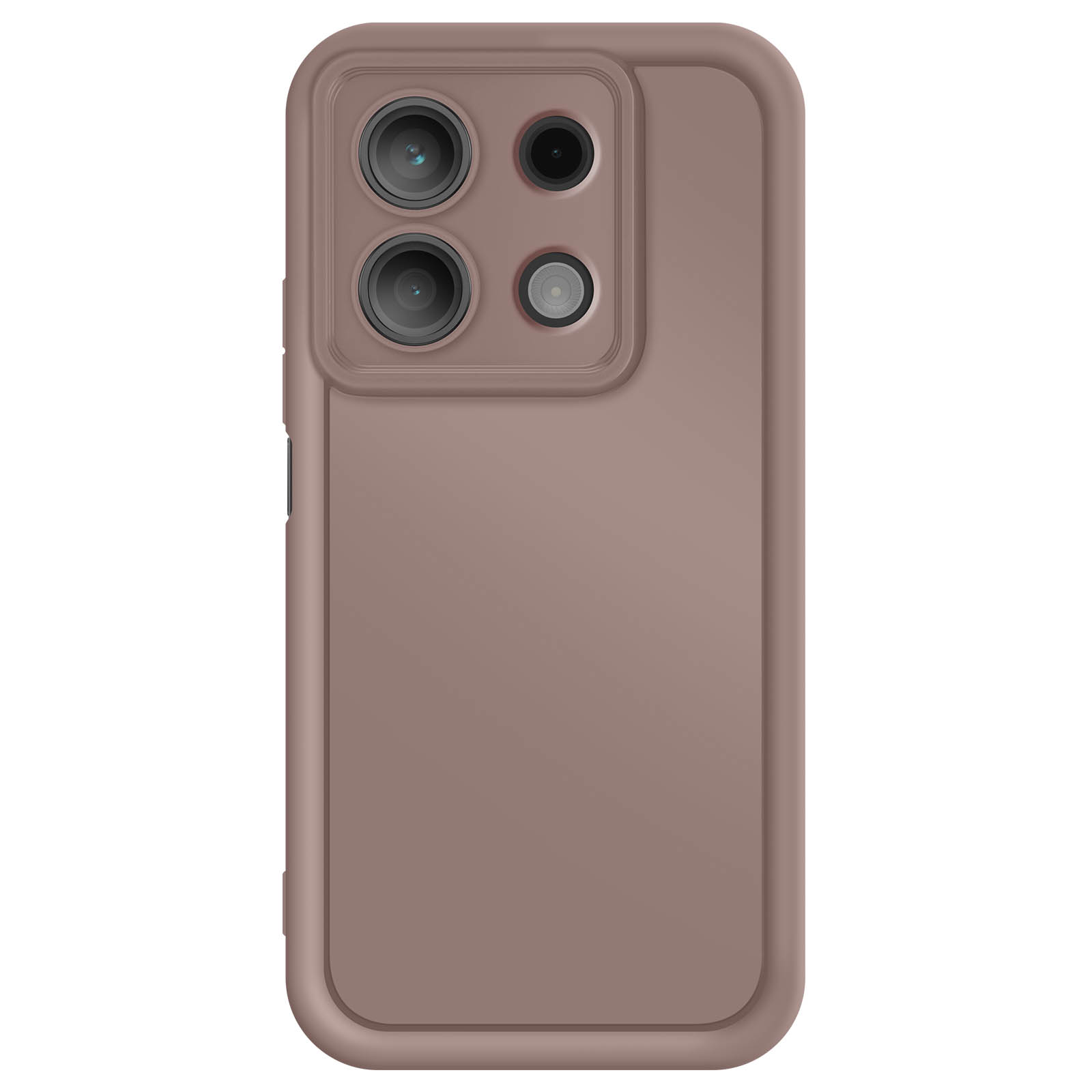 Una custodia per telefono marrone con quattro fotocamere posteriori, che mostra il retro del dispositivo.