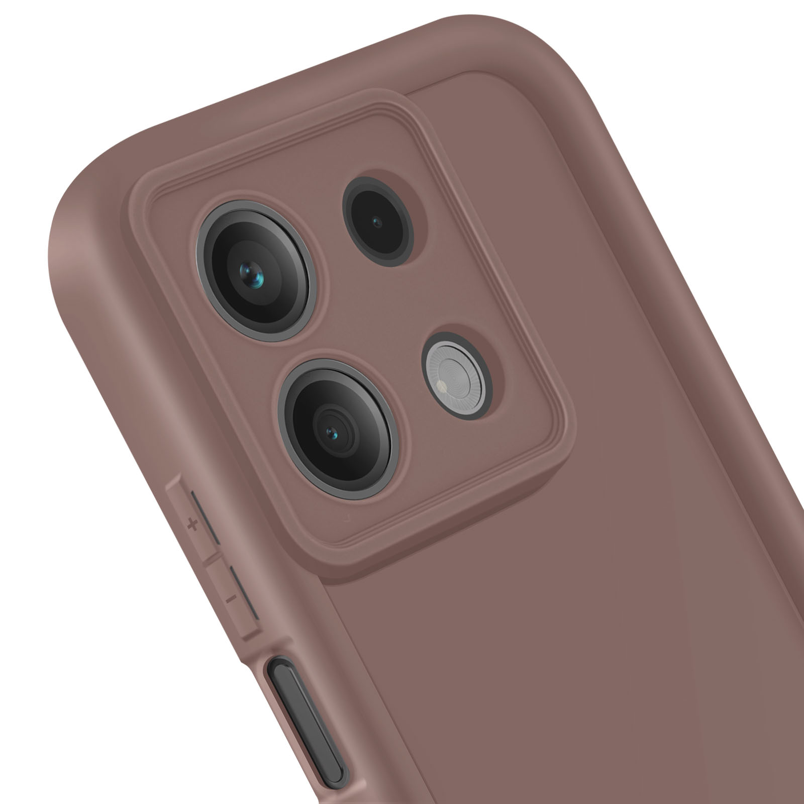 Primo piano di una custodia per smartphone marrone con tre fotocamere e un flash, su sfondo bianco.