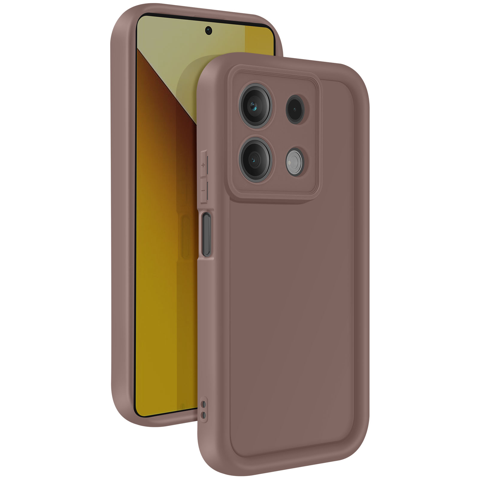 Una custodia marrone per telefono con un telefono all'interno, con più fotocamere.