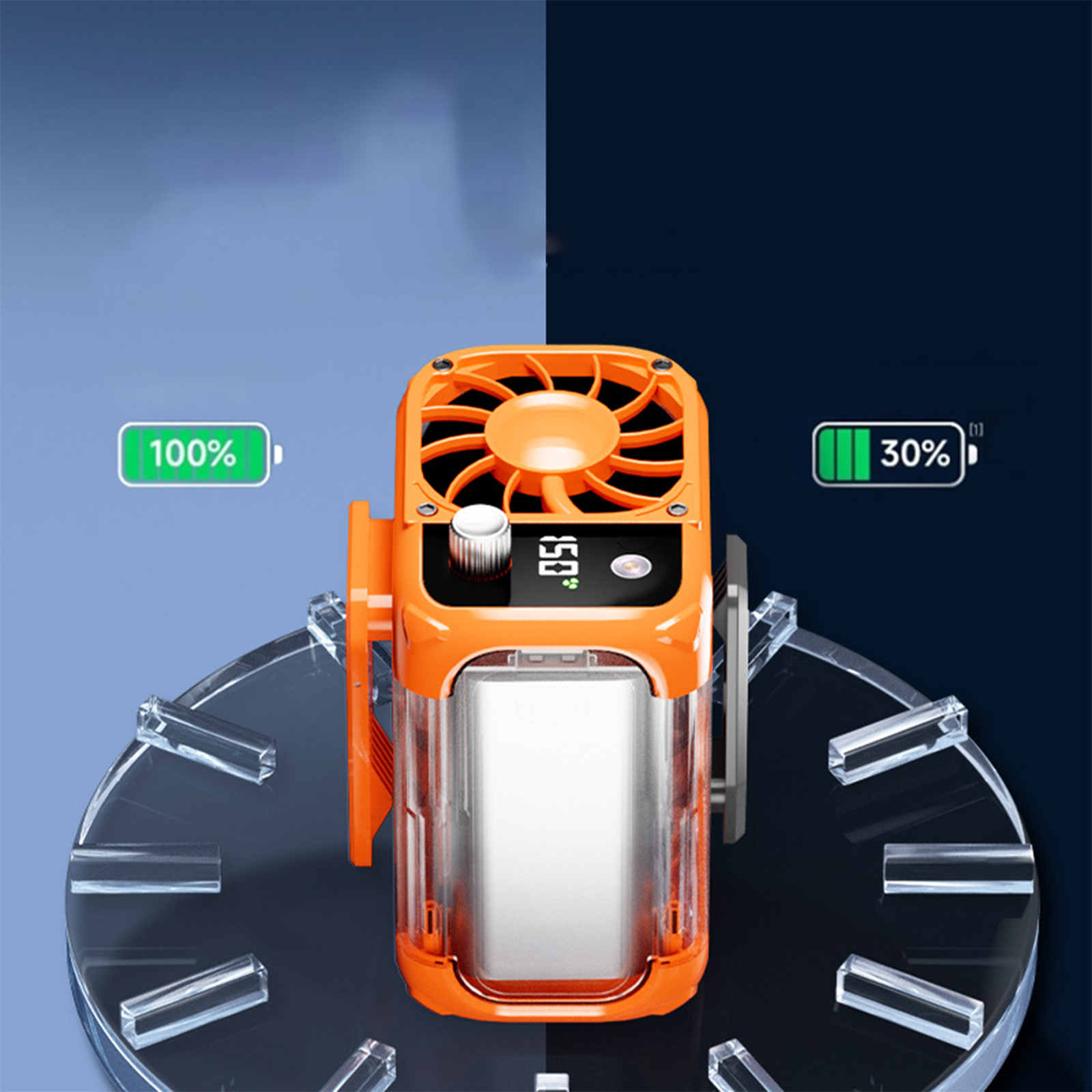 Tragbarer Ventilator, der Batteriestände mit 100 % und 30 % anzeigt, sowie ein Ventilator.