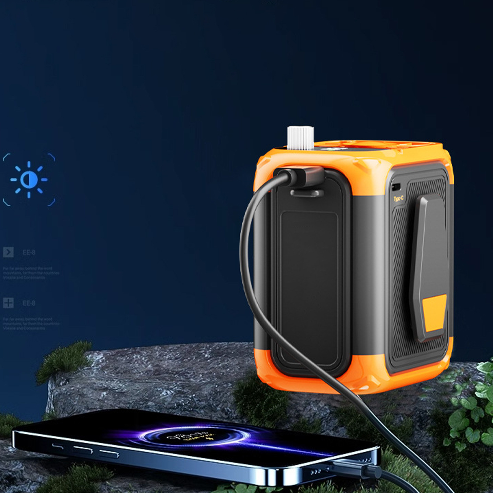 Eine orangefarbene und schwarze Powerbank ist über ein schwarzes Kabel mit einem Telefon verbunden. Der Hintergrund ist dunkelblau.