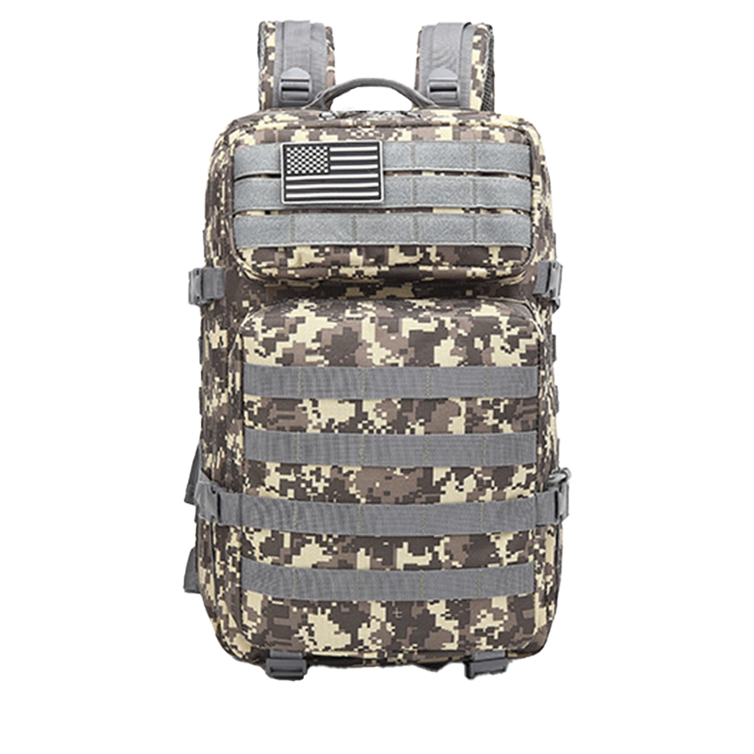 Zaino mimetico con toppa della bandiera USA. Ha tasche e cinghie multiple. Sfondo bianco.