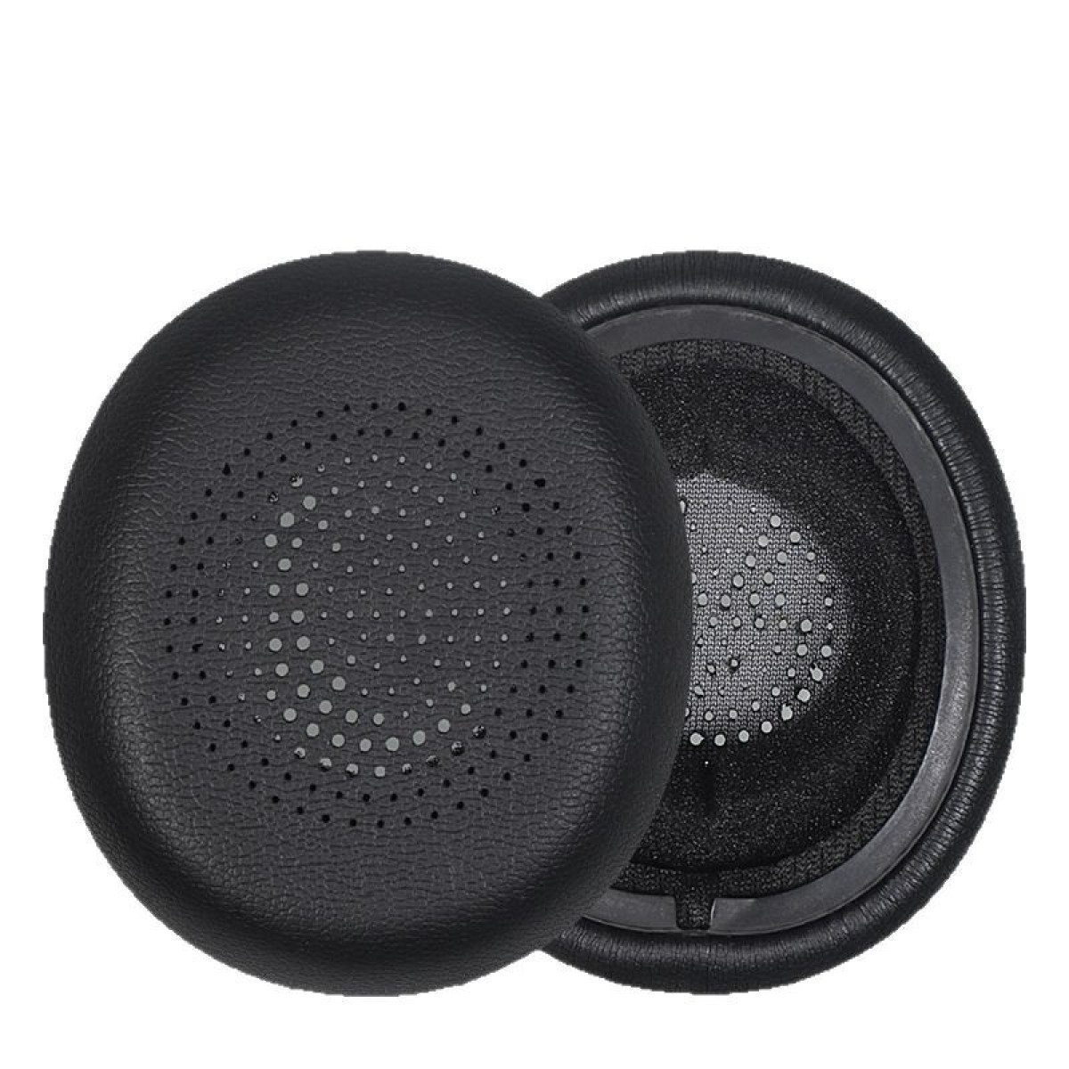 Due cuscinetti auricolari neri per cuffie con perforazioni, su sfondo bianco.