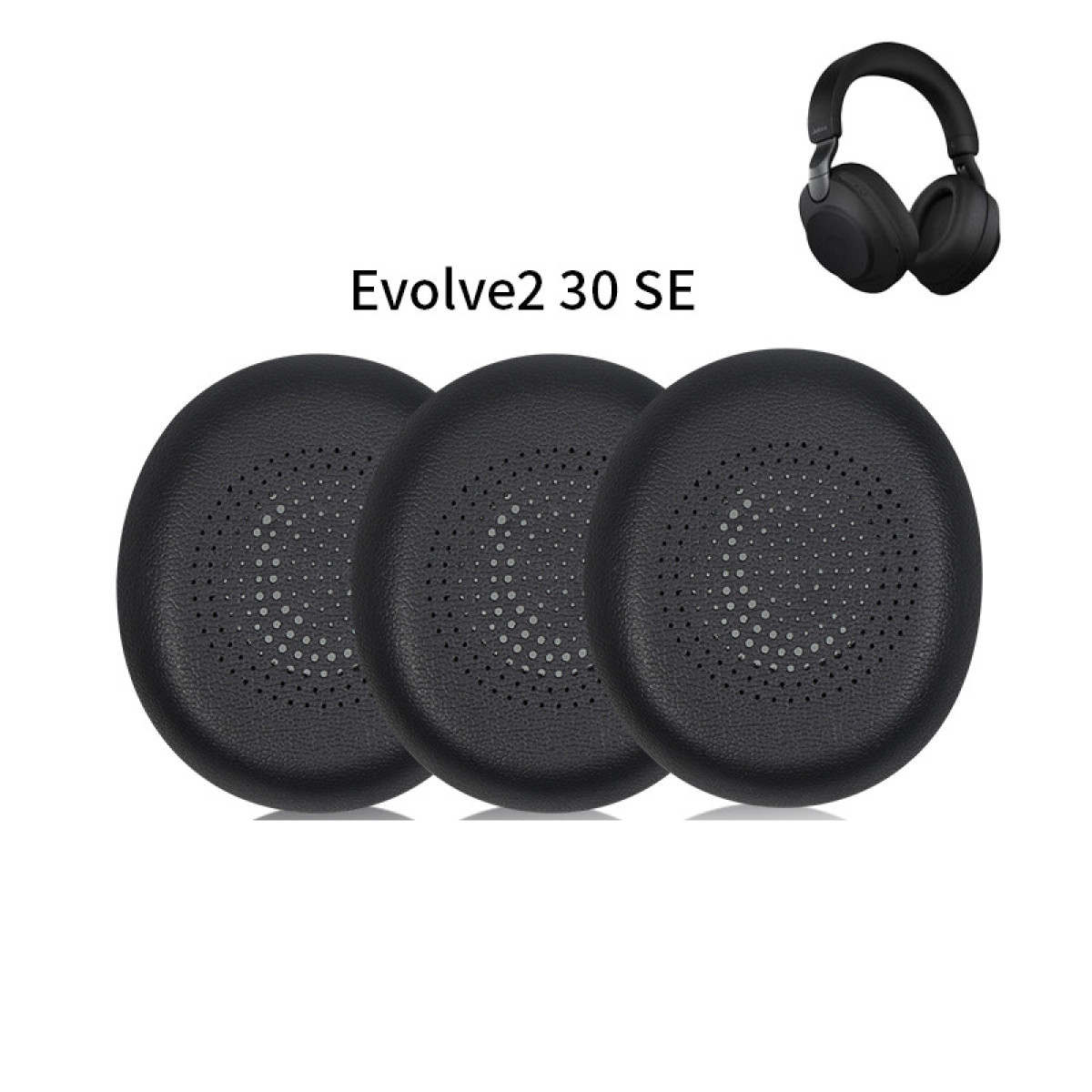 Tre cuscinetti auricolari neri con una cuffia in alto a destra. È visibile anche il testo 'Evolve2 30 SE'.
