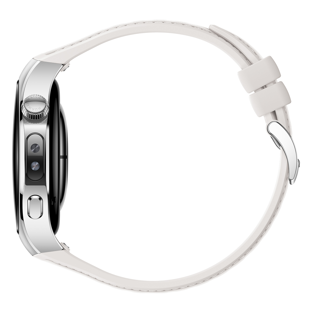 Een zilveren smartwatch met een witte band, zijaanzicht, op een witte achtergrond. De wijzerplaat is zwart.
