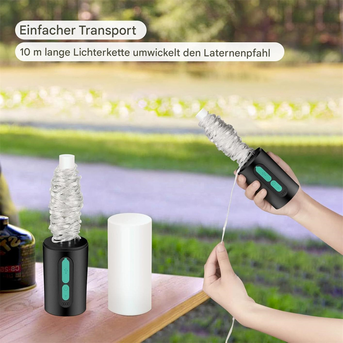 Zwei Geräte mit Lichtern und einem weißen Zylinder, gehalten von Händen, was den einfachen Transport andeutet, auf Weiß.