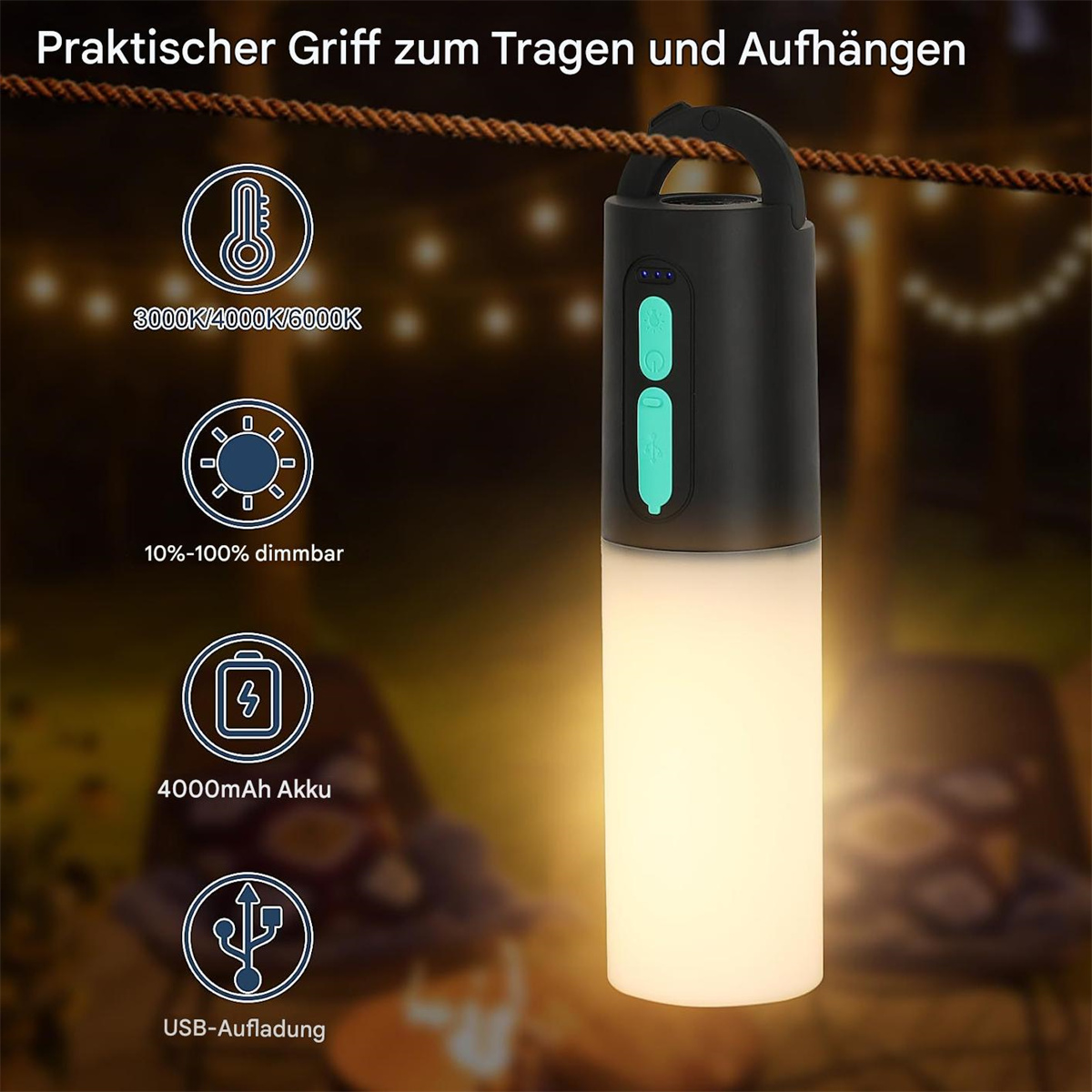 Eine tragbare Lampe in Schwarz und Weiß mit Knöpfen, Griff und einem leuchtenden, zylindrischen Licht.