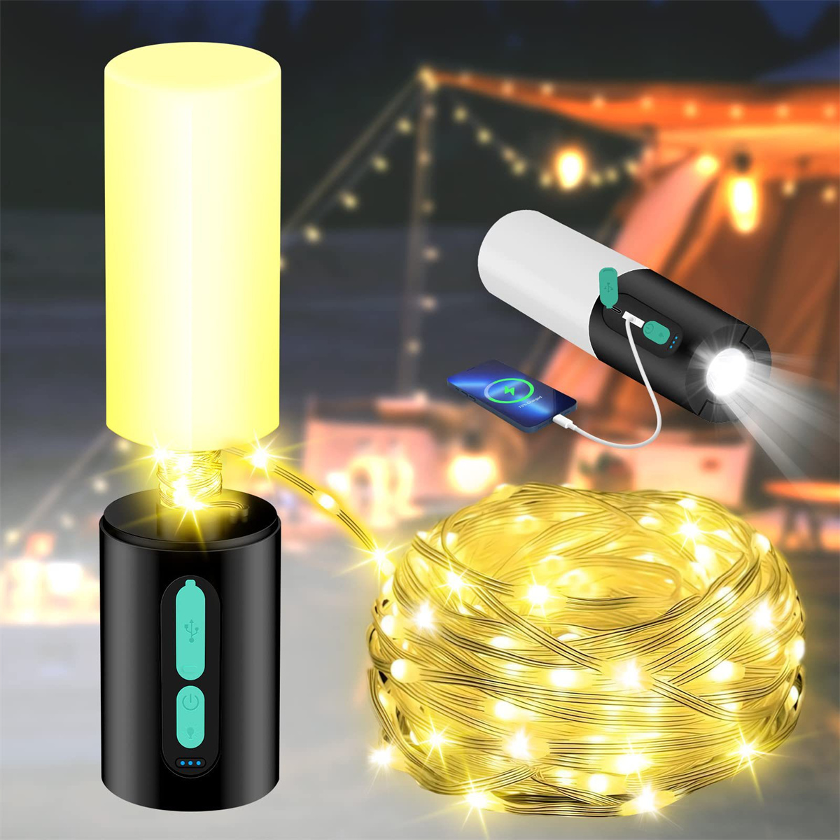 Eine Campinglampe mit leuchtender Glühbirne, einer Taschenlampe und Lichterketten.