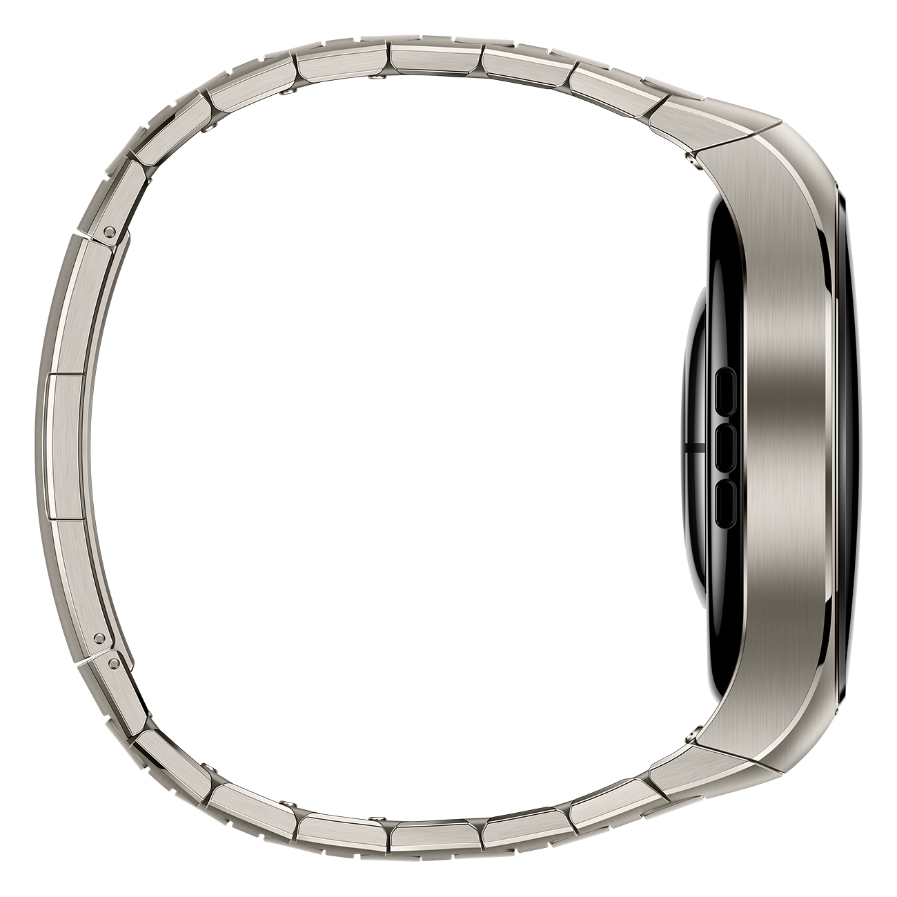Zilveren smartwatch profielweergave. Toont de zijkant met de band, knoppen en wijzerplaat.