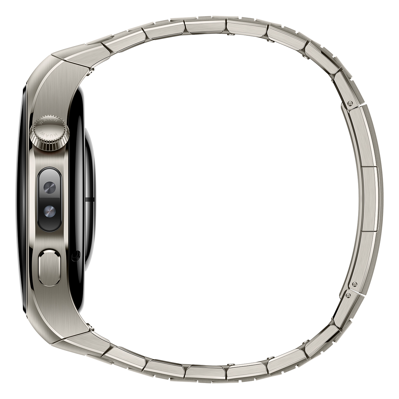 Zijaanzicht van een zilveren smartwatch met metalen band op witte achtergrond.