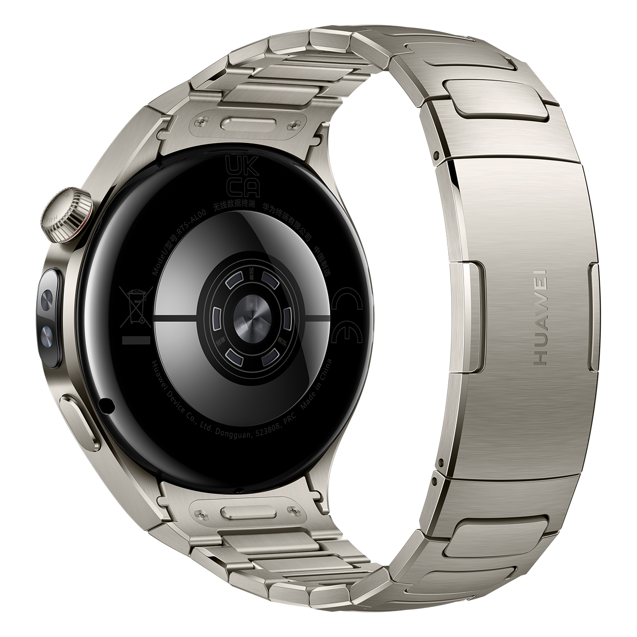 Zilveren smartwatch met zwart scherm en zilveren band. Achterkant zichtbaar.