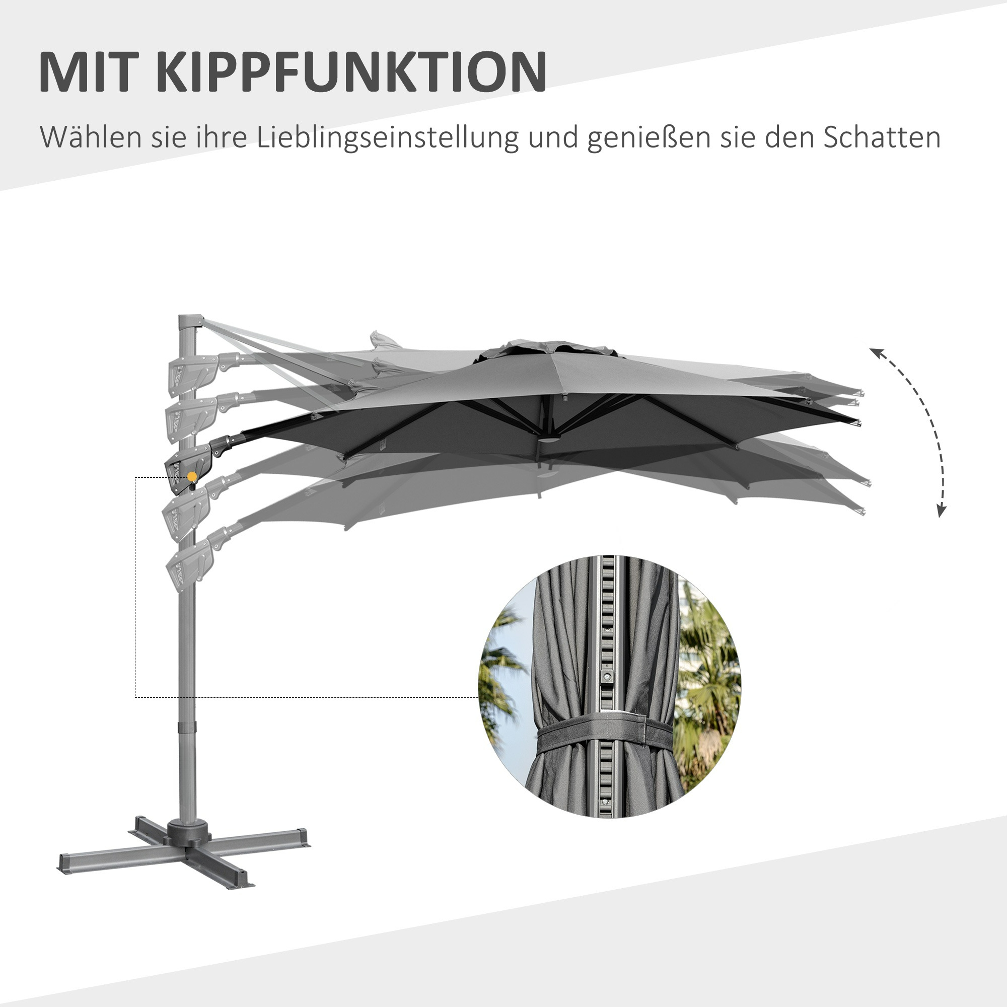 Ein grauer Ausleger-Sonnenschirm mit verschiedenen Kipppositionen, Nahaufnahme des Gurtes.