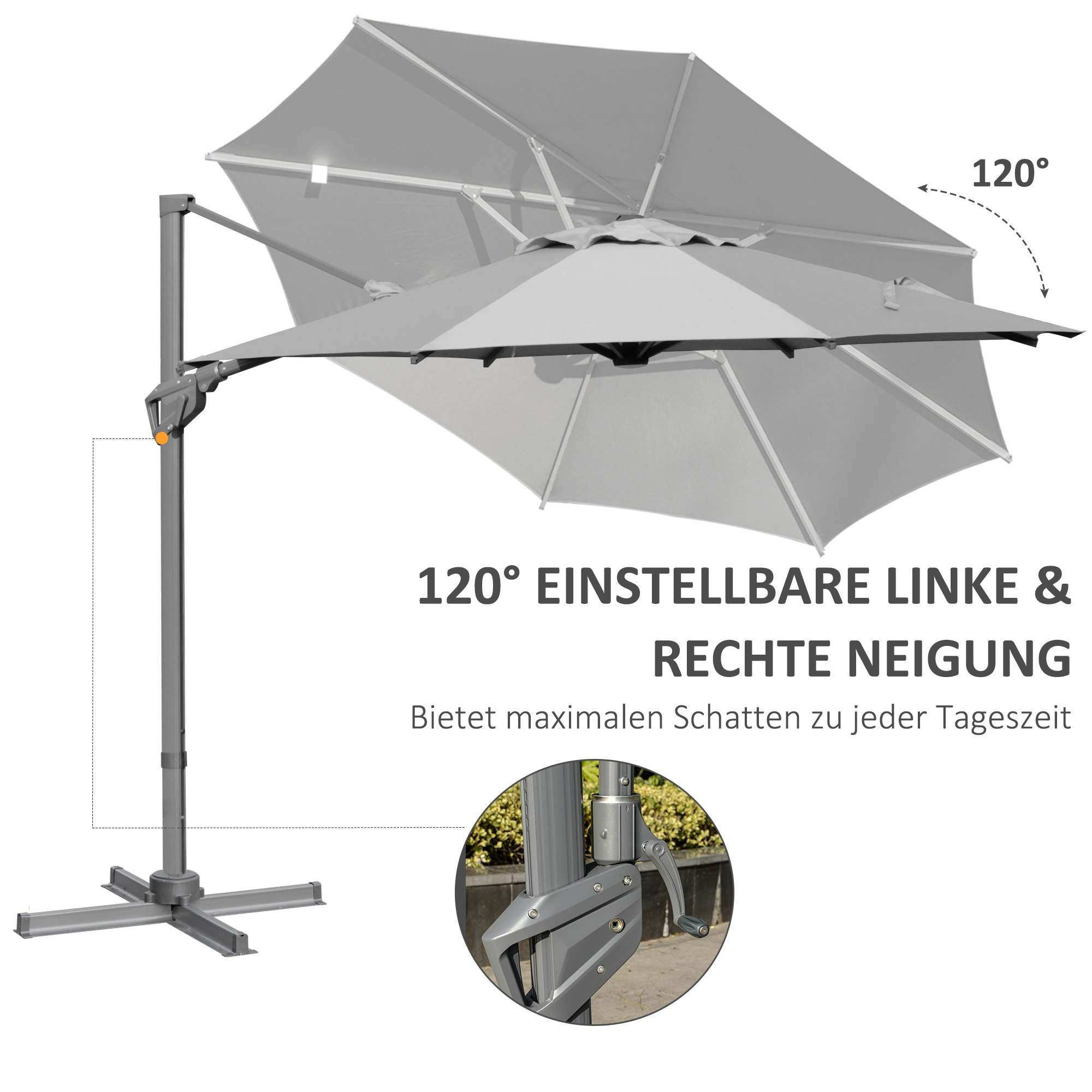 Ein grauer Ausleger-Schirm mit verstellbarer Neigung, der einen Neigungswinkel von 120 Grad zeigt.