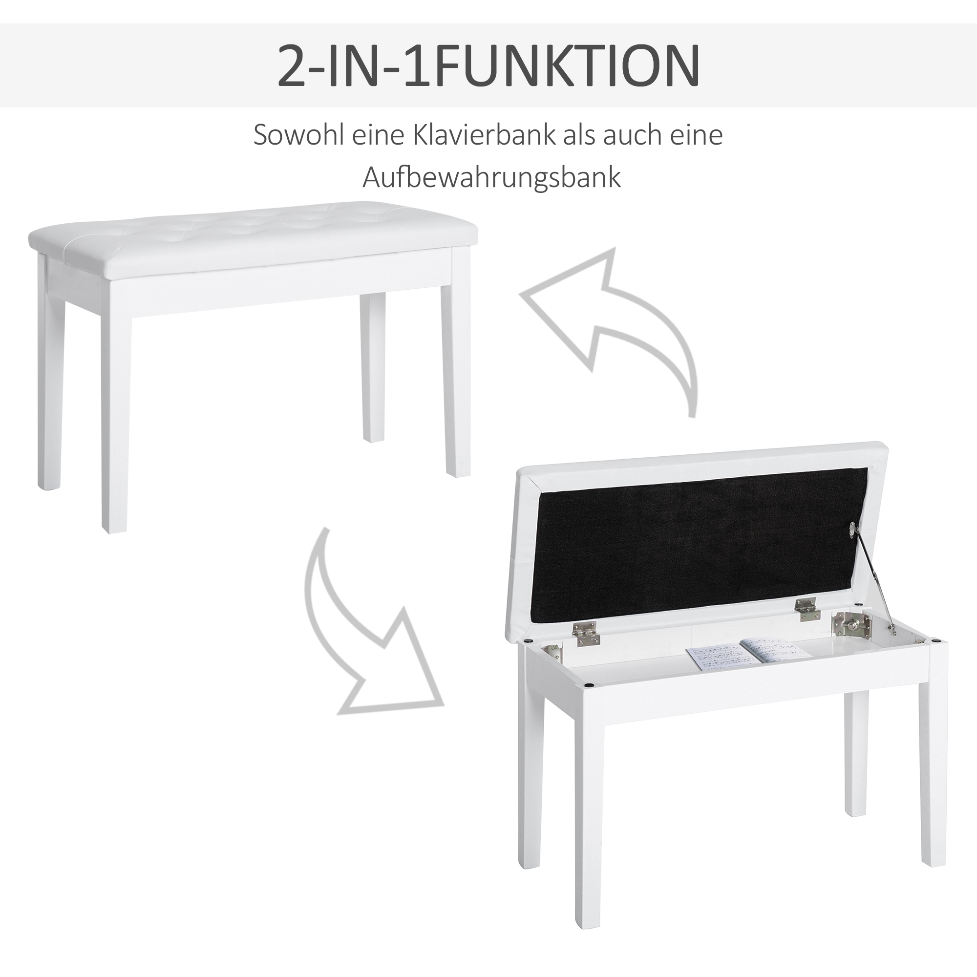 Weiße Klavierbank mit Stauraum. Pfeile zeigen die Transformation. Text: 2-in-1-Funktion, Aufbewahrungsbank.