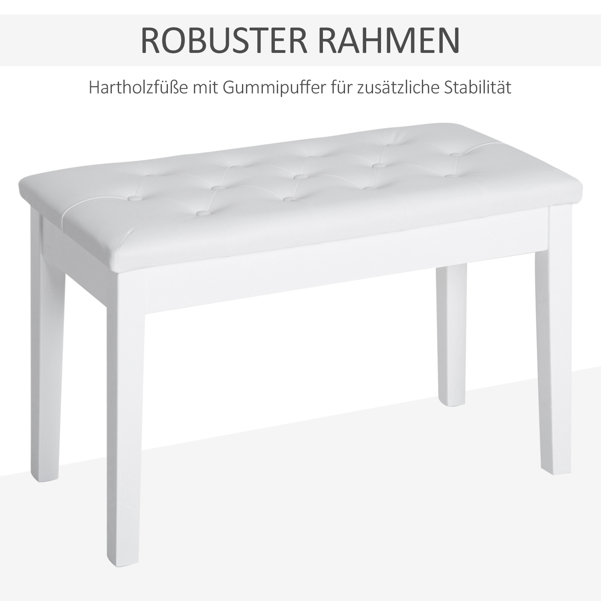 Weiße Bank mit getufteter Sitzfläche. Vier weiße Beine. Text besagt 'robuster Rahmen'.