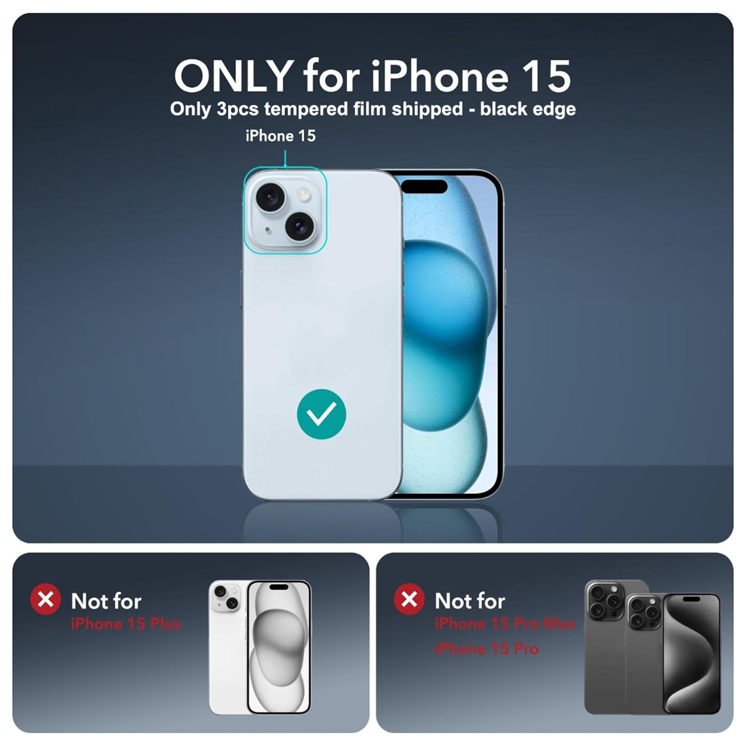 iPhone 15 Displayschutzverpackung. Text weist darauf hin, dass es nur für iPhone 15 ist. Bilder von iPhone 15 und anderen Telefonen.