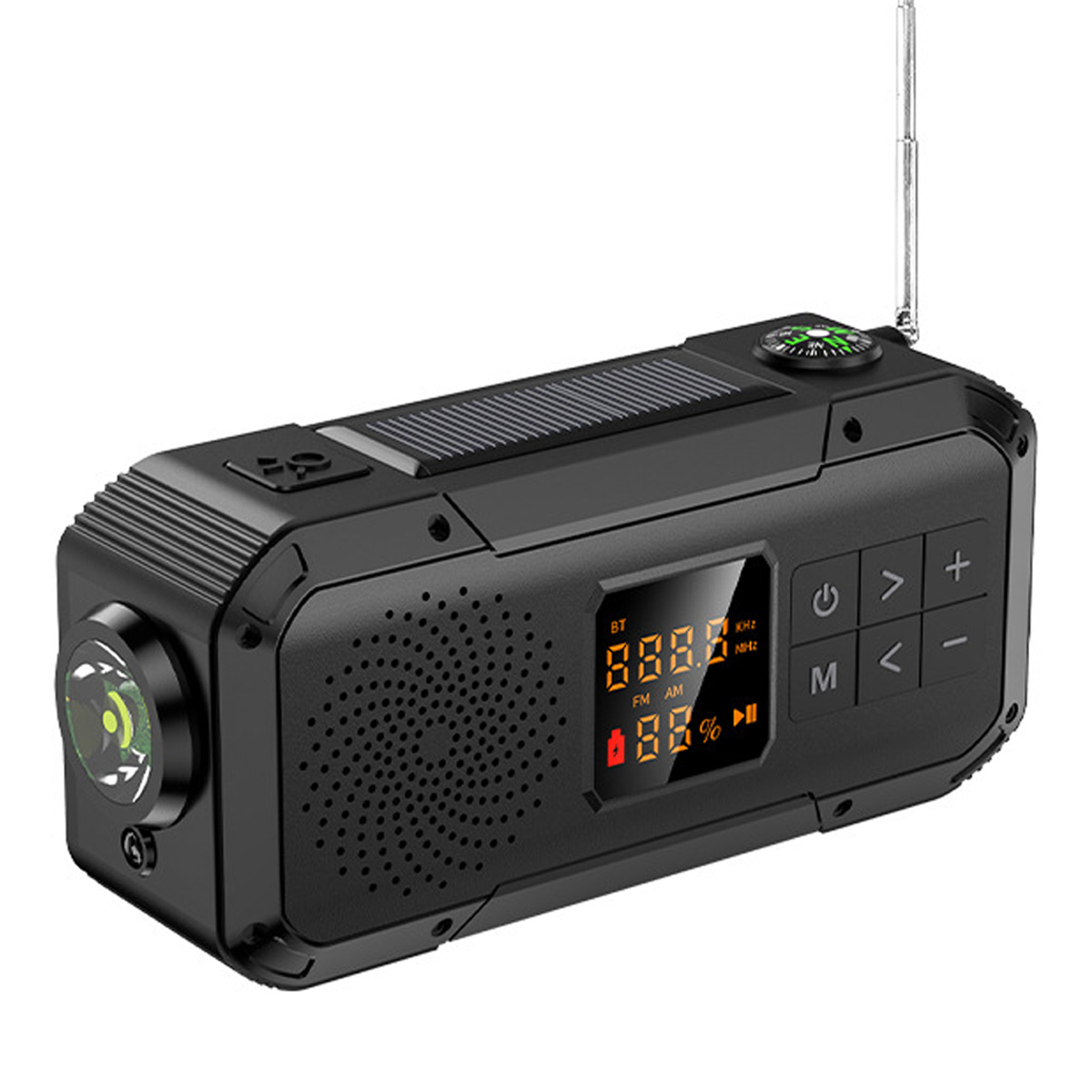 Schwarzes Radio mit Antenne, Bildschirm und Knöpfen. Es hat eine Taschenlampe und ein Solarpanel.