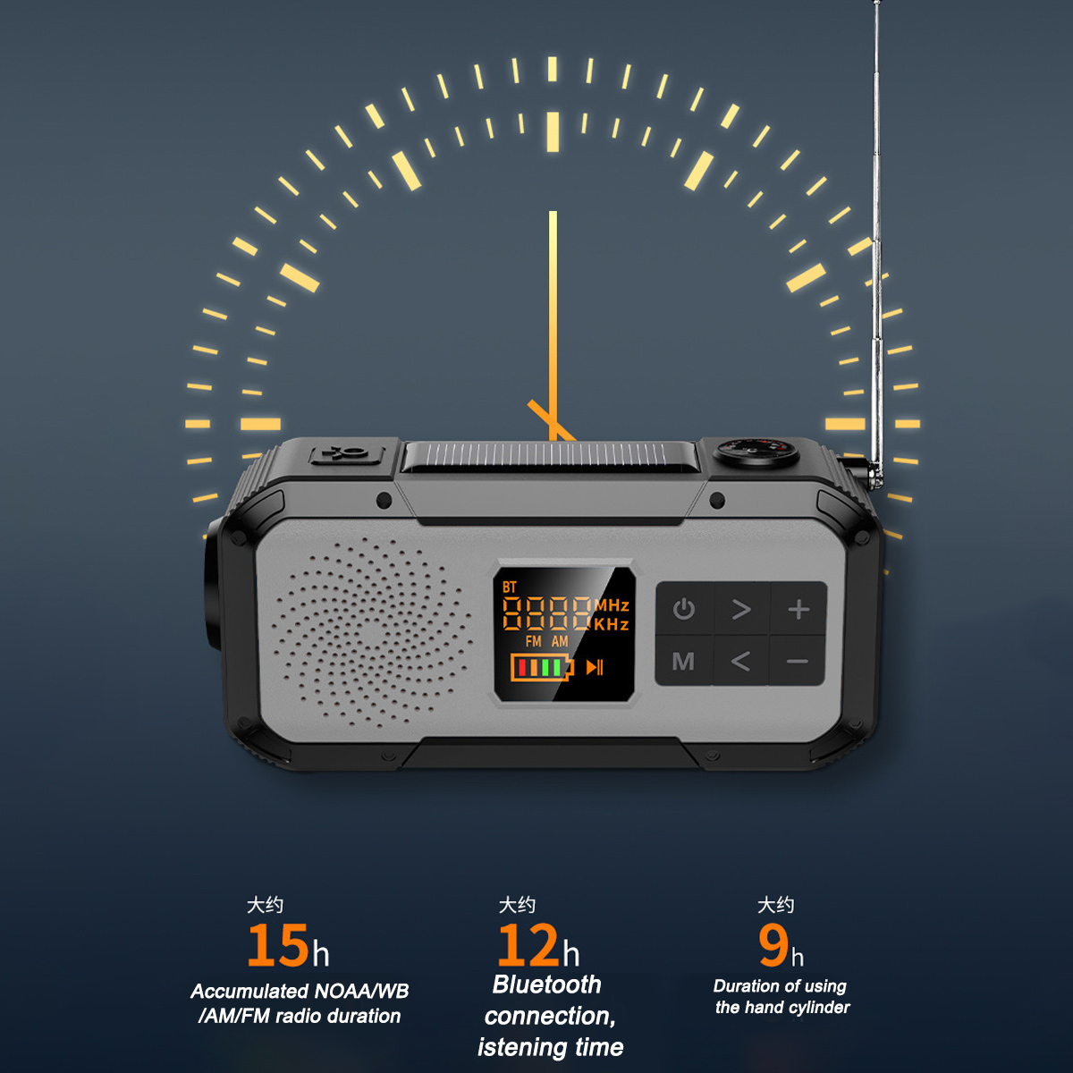 Ein schwarzes und graues Radio mit Bildschirm, Antenne und Solarpanel. Es hat Knöpfe und Zeitanzeigen.