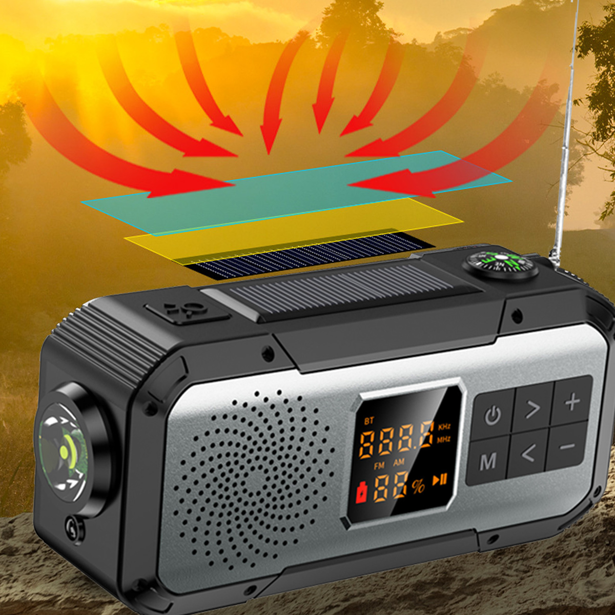 Schwarz-graues Radio mit Solarpanel, Bildschirm und Knöpfen. Rote Pfeile zeigen Wärmeabsorption.