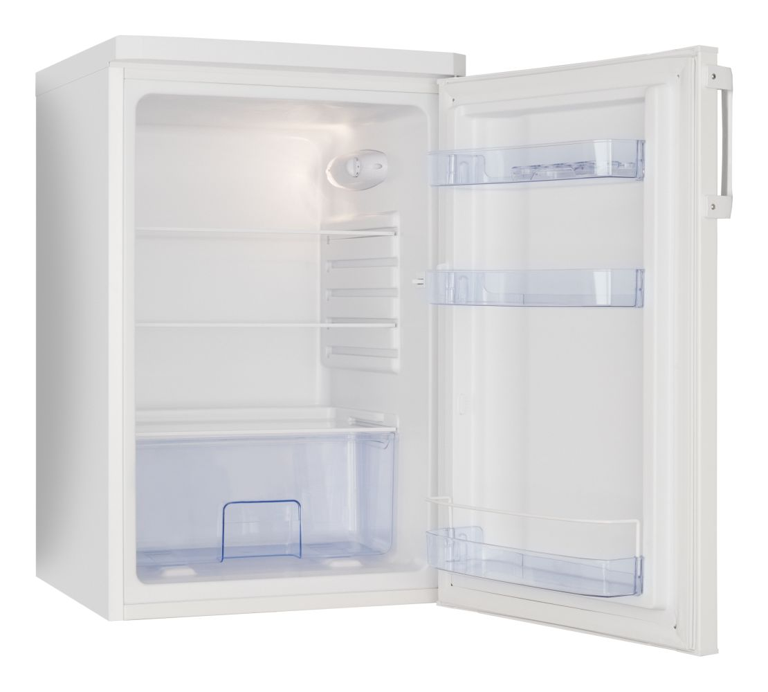 Weißer Minikühlschrank mit offener Tür, zeigt Regale und eine Schublade.