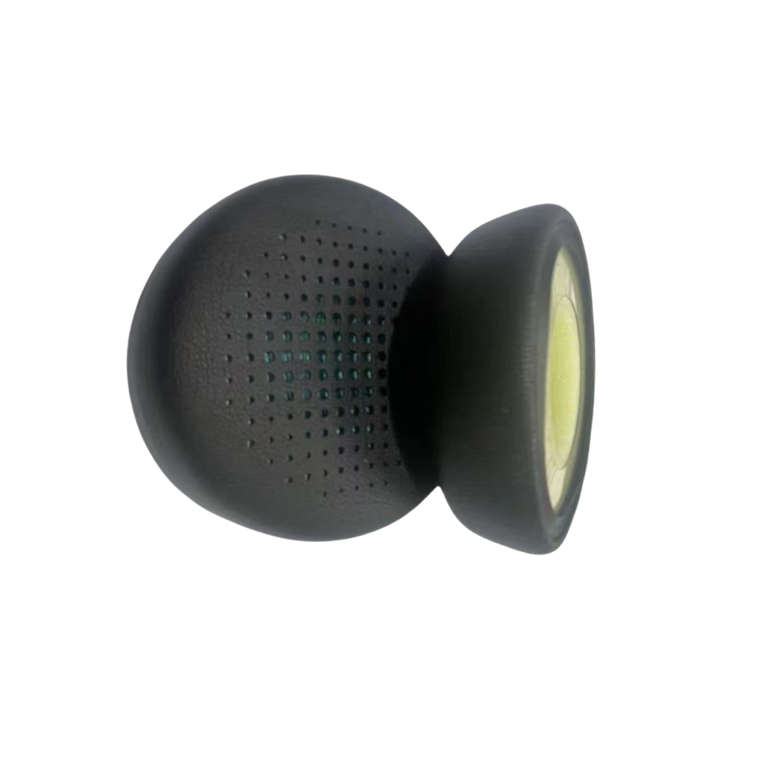 Auricolare nero con altoparlante. Ha una piccola apertura coperta di rete e un interno colorato.
