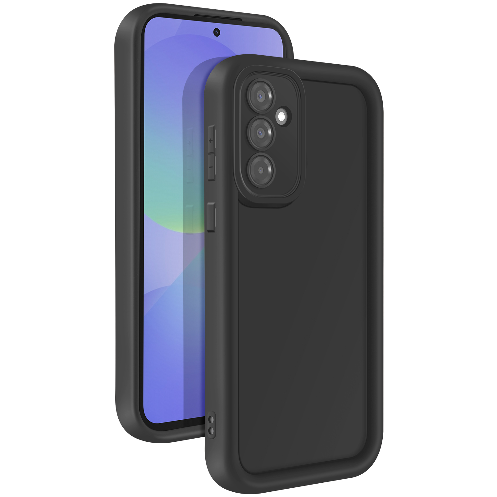 Ensemble téléphone et coque noirs. Le téléphone a trois lentilles de caméra.