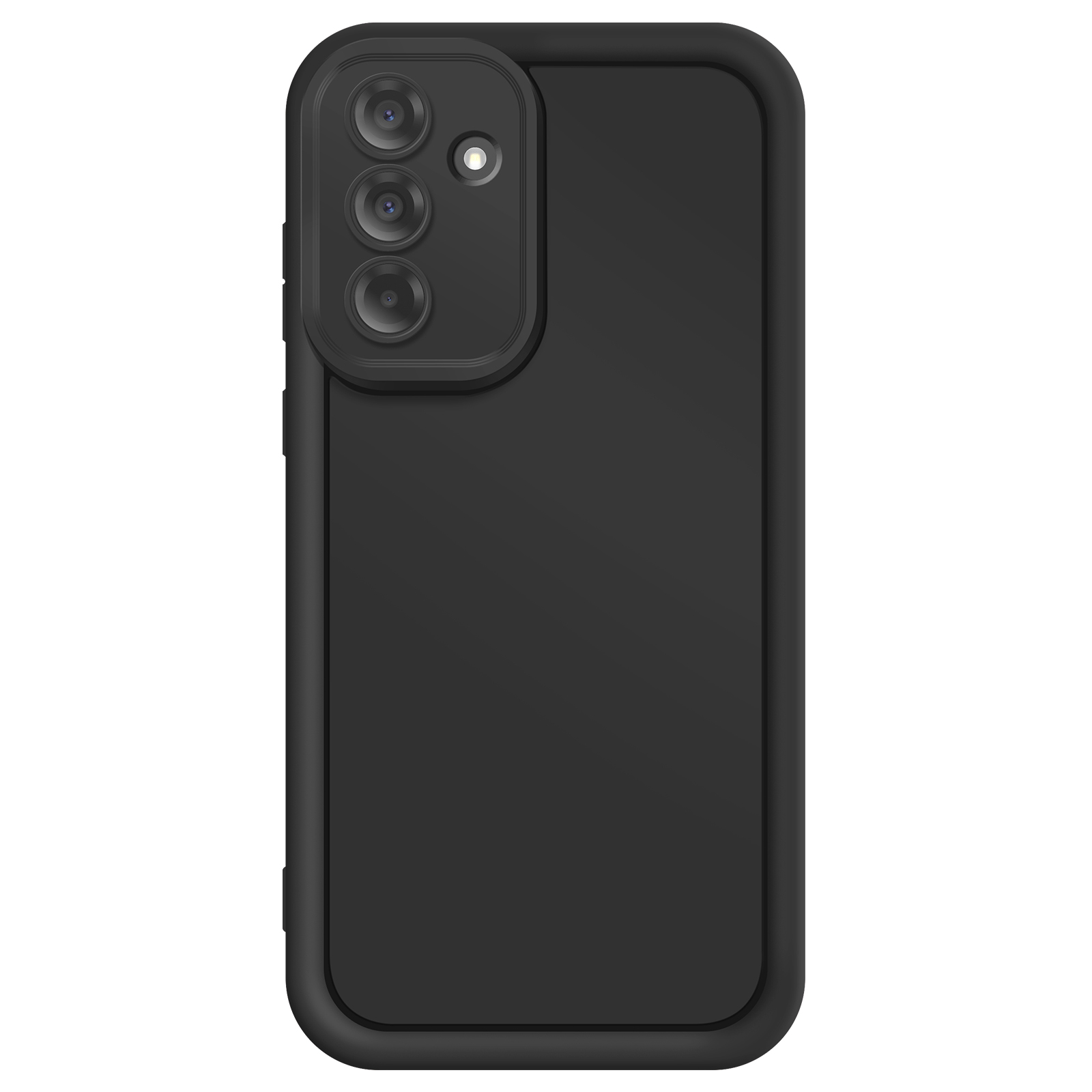Une coque de téléphone noire avec trois objectifs et un flash à l'arrière. La coque est lisse et protectrice.