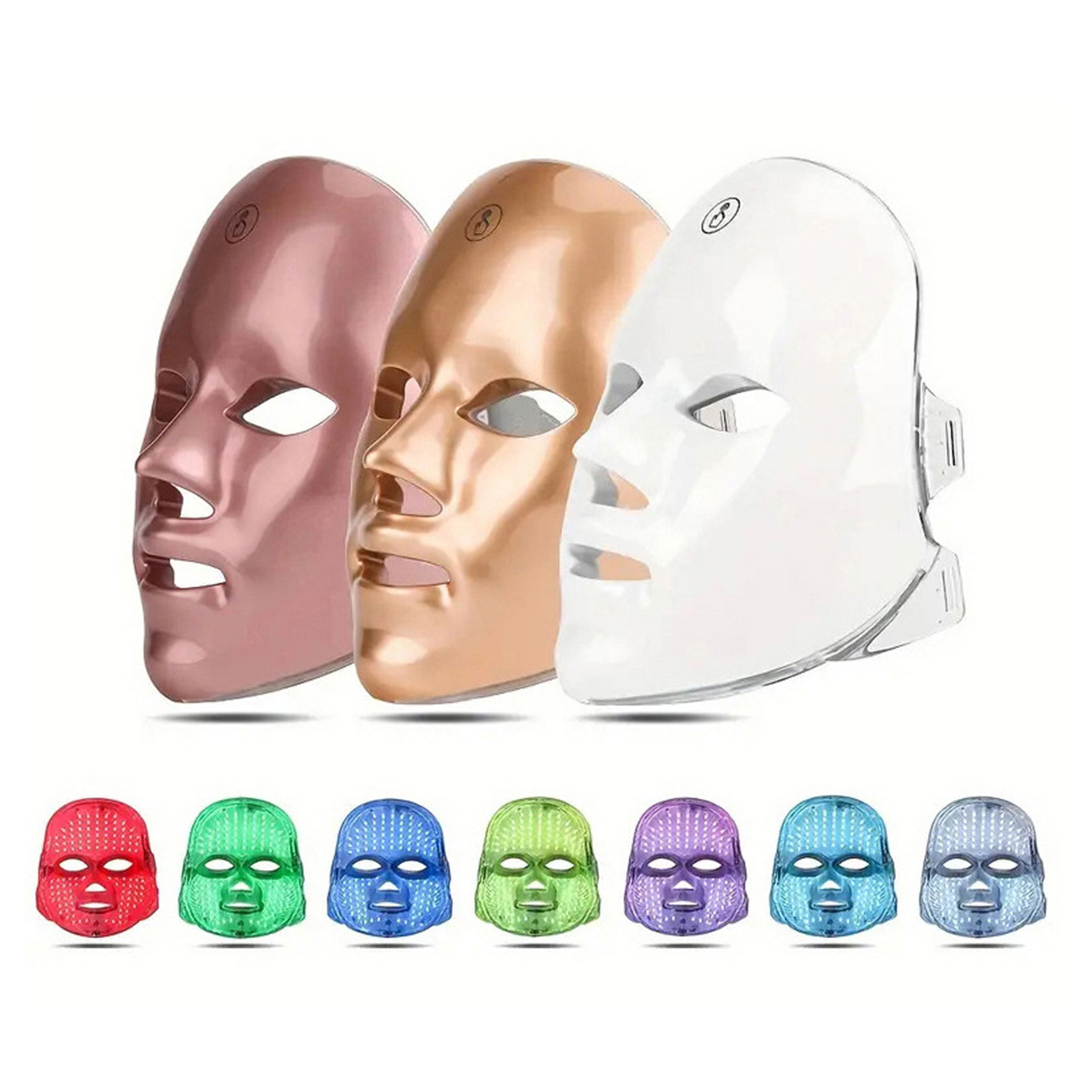 Drei LED-Gesichtsmasken in Rosa, Kupfer und Weiß. Sieben kleinere Masken unten mit farbigen Lichtern.
