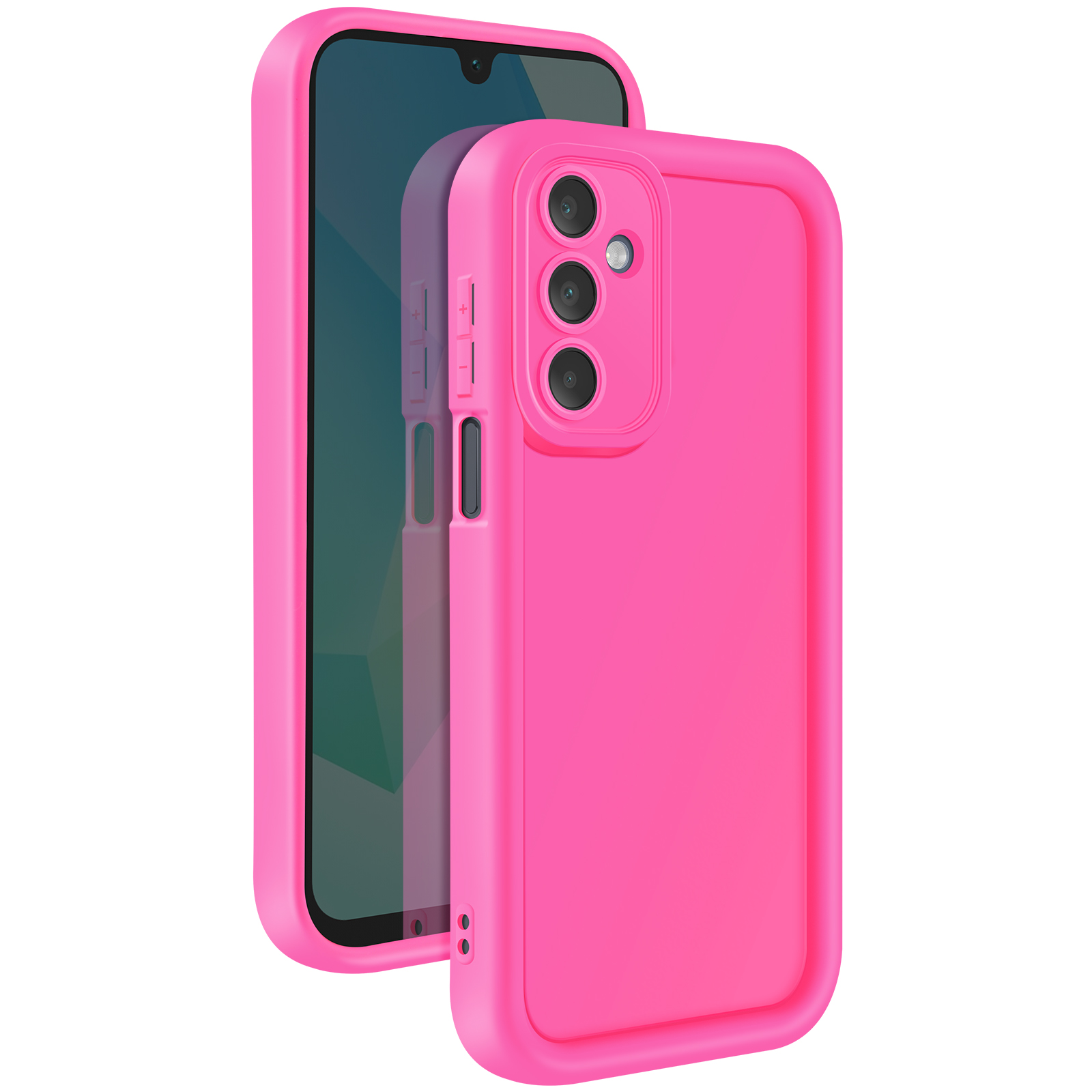 Set telefono e custodia rosa. Il telefono ha tre lenti della fotocamera.