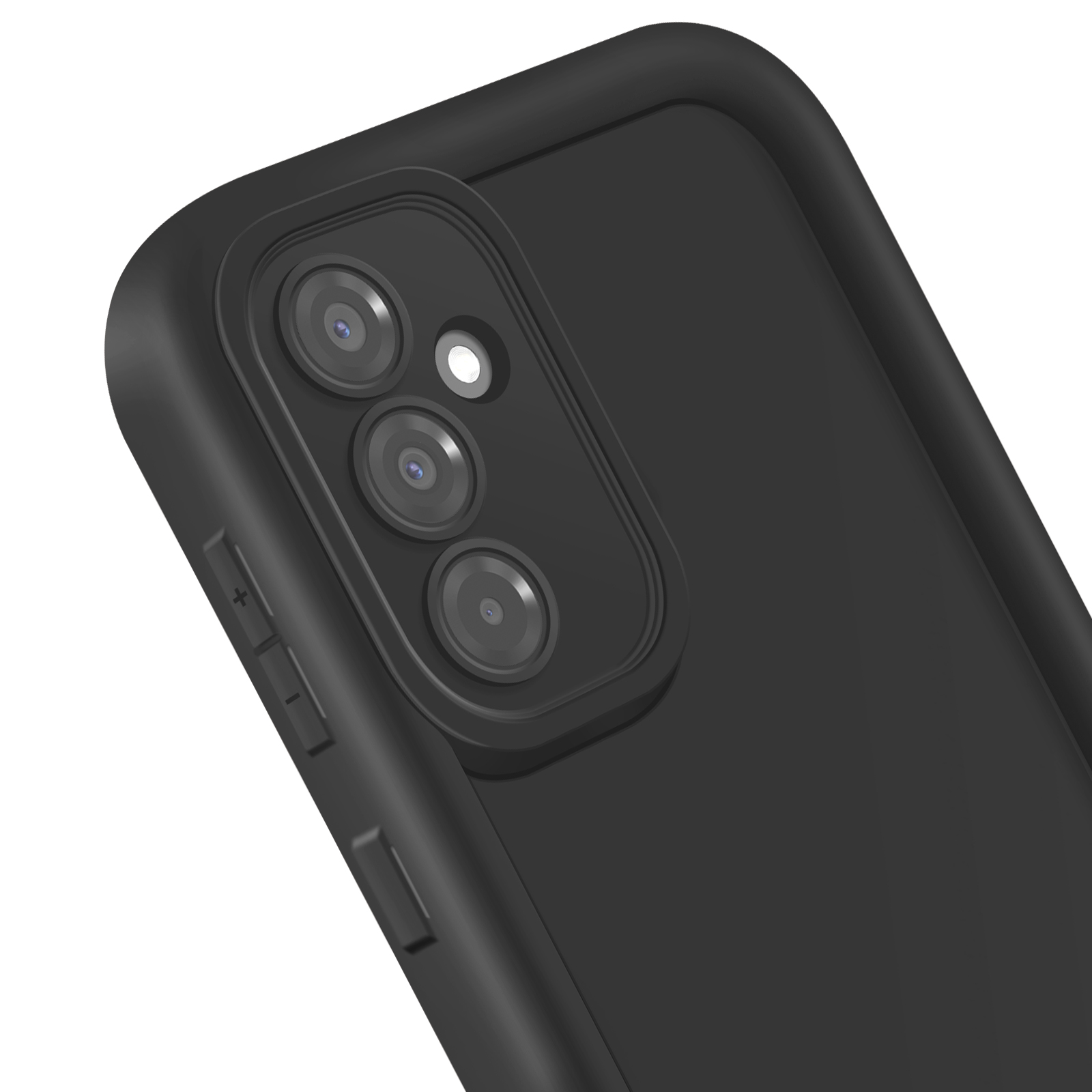 Coque de téléphone noire avec trois objectifs et un flash. La coque est noire.